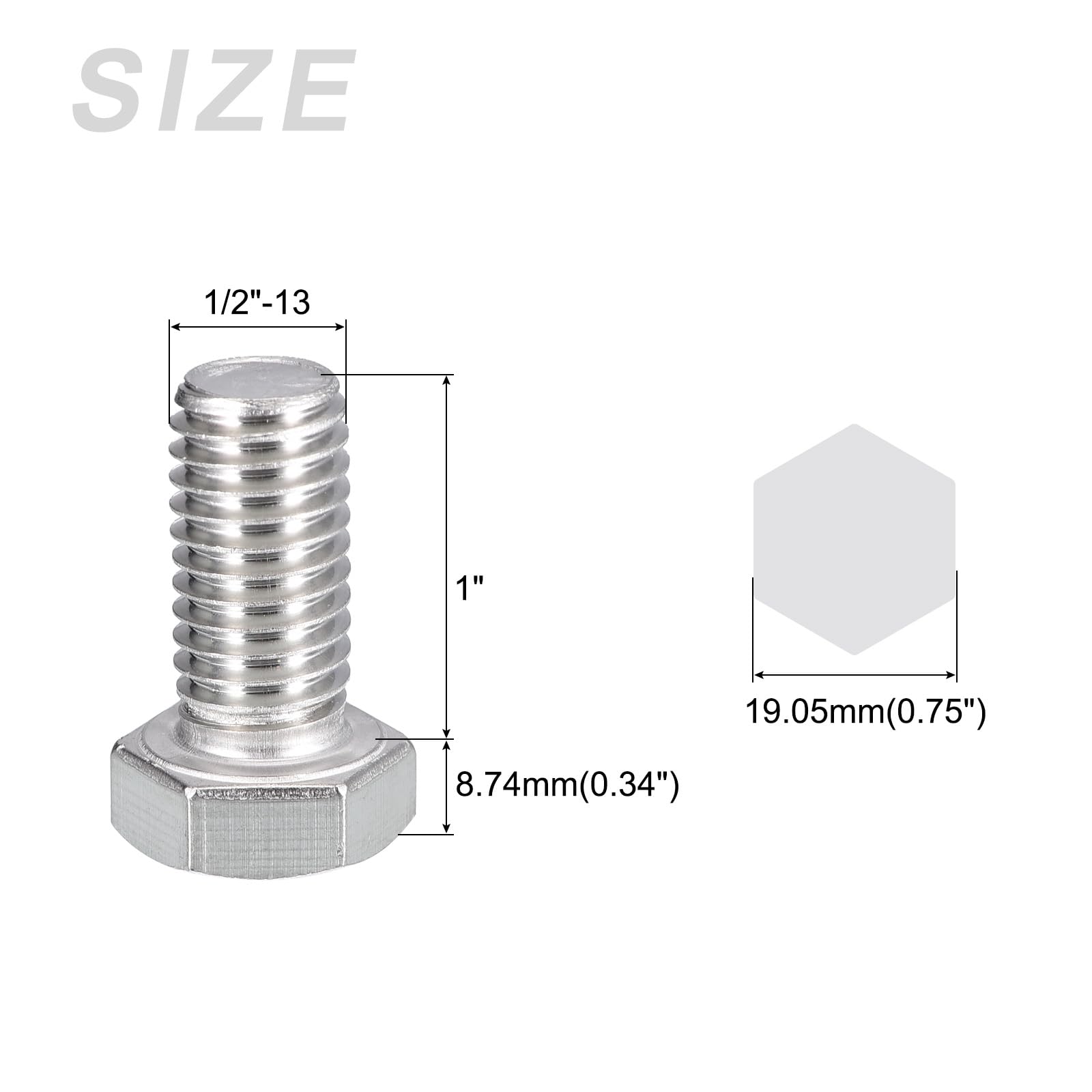 METALLIXITY Hex Head Bolts (1/2-13 x 1") 6Pcs, 304 Stainless Steel 18-8, Fully Threaded, External Hex Drive, Plain Finish - Image 2