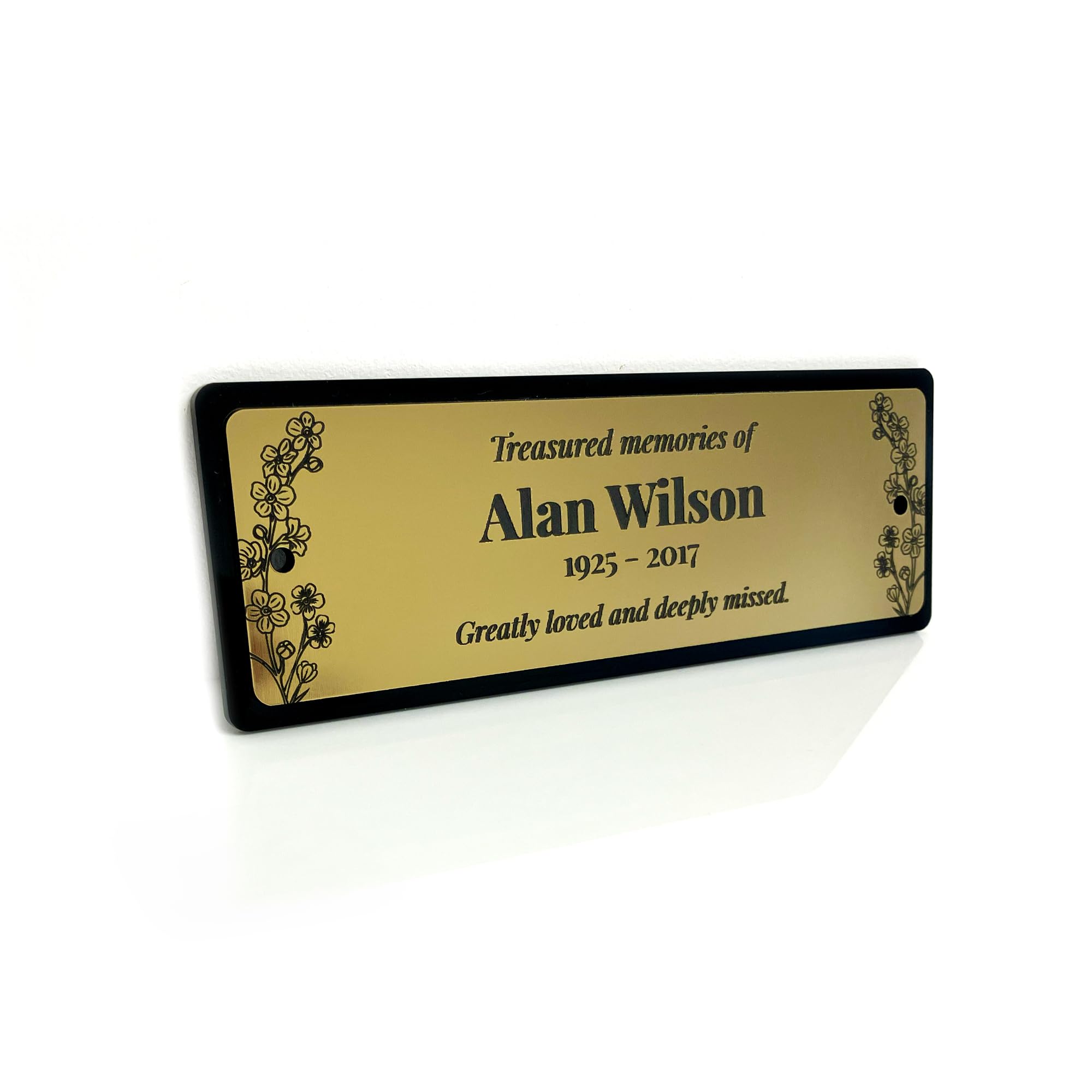 Personalised Memorial Bench Plaque | Engraved Forget-Me-Not Flower Design | Size: Large or Medium | Brushed Silver or Brushed Gold with Black Engraved Finish