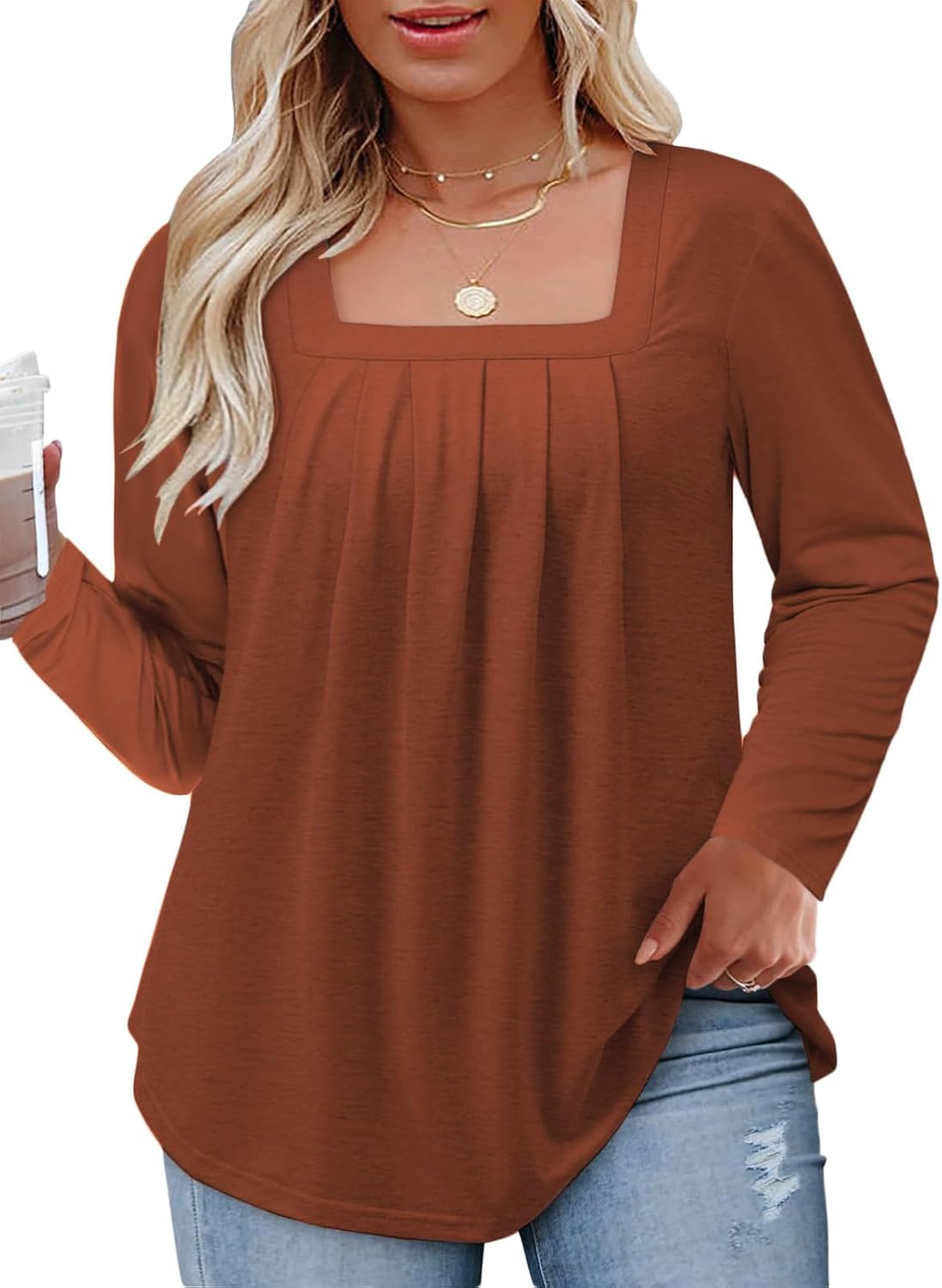 Womens-Plus-Size-Tops Dressy Pleated Square Neck Shirts Trendy Cute Long Sleeve Blouses Casual Loose Fit Tunics XL-5XL
