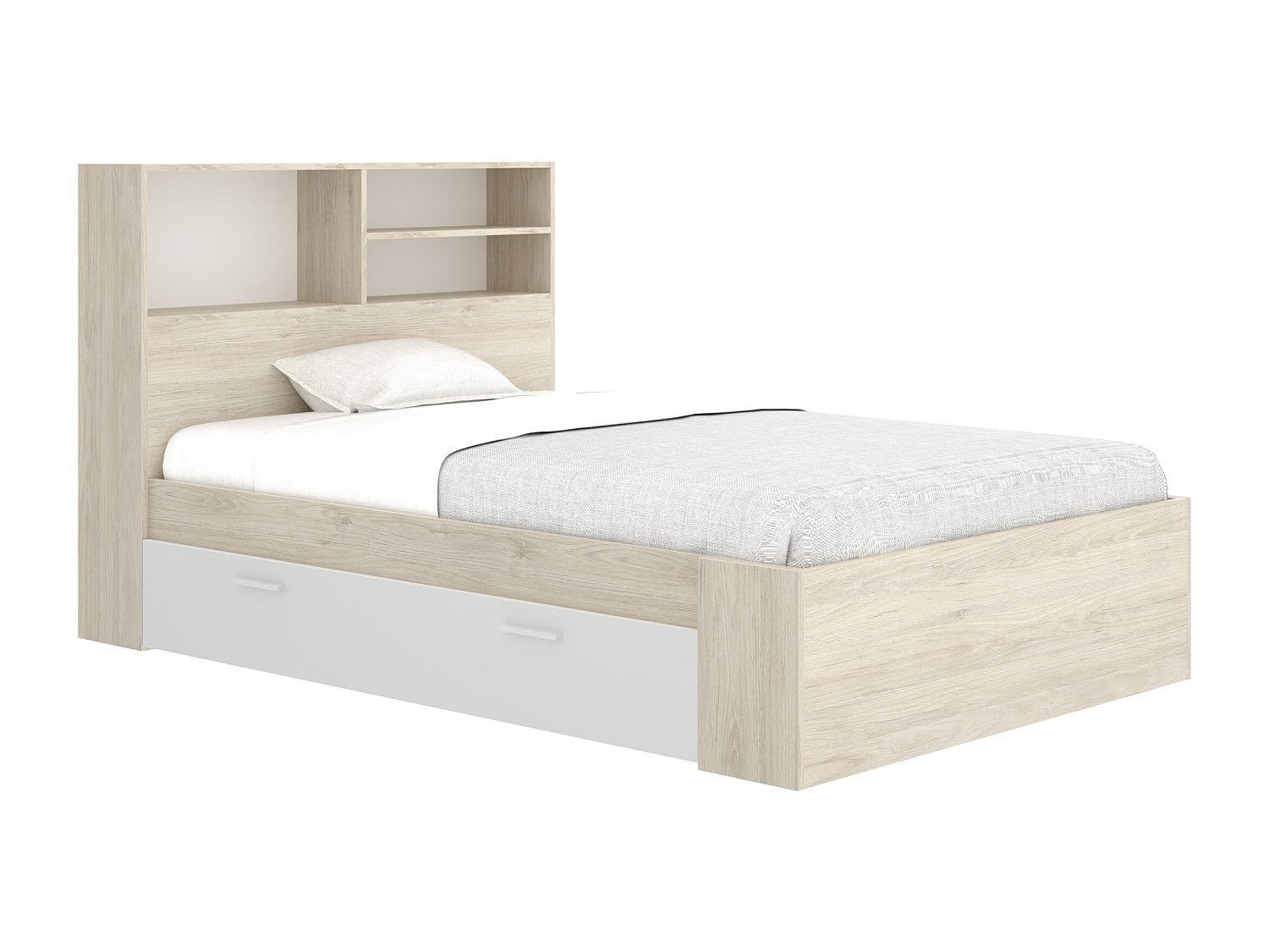 Vente-unique - Lit 120 x 190 cm avec rangements - Coloris : Naturel et Blanc + Sommier - VARDIEL