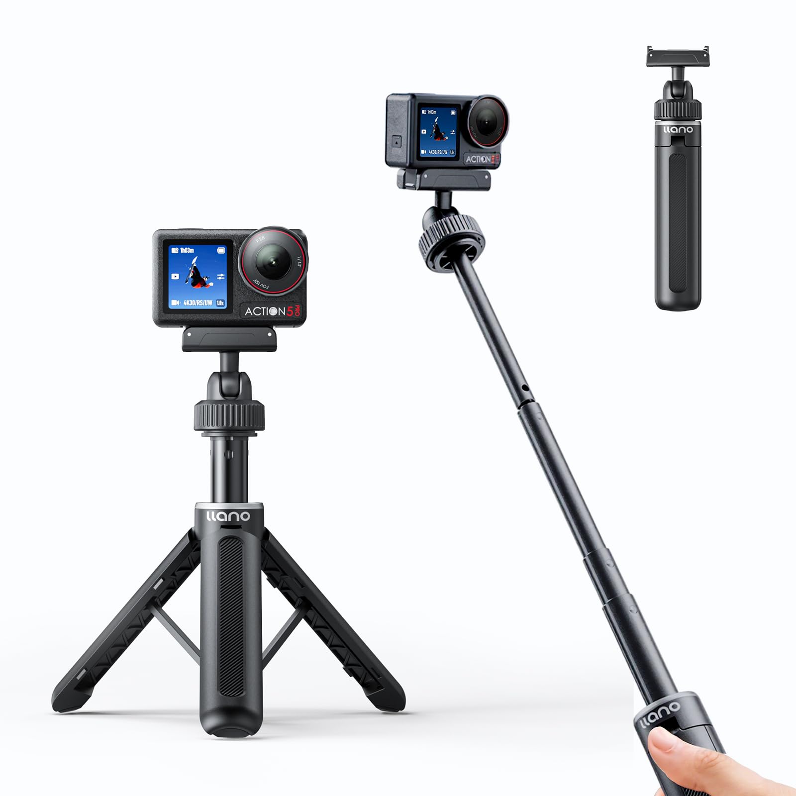 llano 40 cm Magnet Action Kamera Stativ für DJI Osmo Action 5 pro/4/3, Osmo 360, ausziehbares Mini-Stativ mit Magsafe-Schnellwechseladapter, 360°Kugelkopf, Kleiner Selfie-Stick,Schwarz
