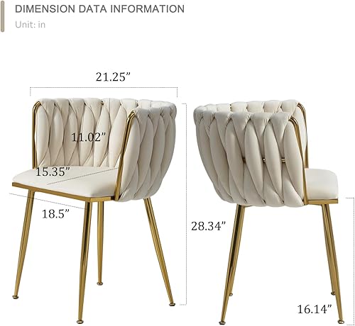 Miniatura 3 de Tsugsi - Juego de 2 sillas de comedor de terciopelo, modernas sillas de comedor con patas de metal dorado, sillas de comedor tapizadas tejidas para