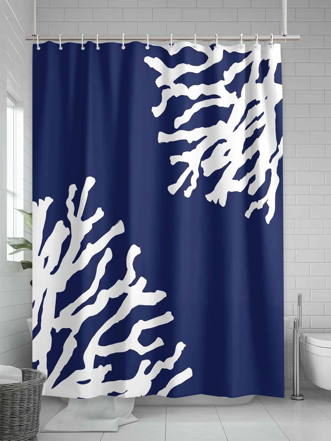 Navy Blue Coral Shower Curtain Set - Small 36" x 72" Washable Bathtub Curtain with 12 Hooks, Coastal Summer Beach Nautical Seaside Waterproof Fabric Stall Shower Curtains for Bathroom/Bathtub Décor
