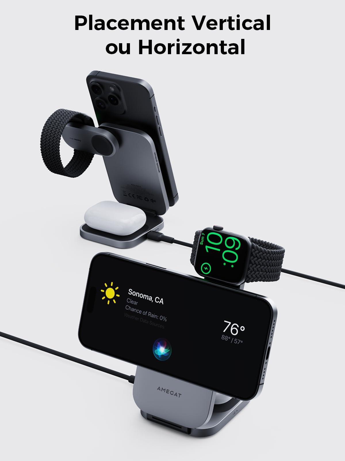 Station de Charge 3 en 1 Qi2, Chargeur Induction 15W Compatible avec Magsafe, Chargeur Pliable sans Fil pour Apple Watch, iPhone 17/Air/16/15/14/13/12, Pixel 10 Series, AirPods, Gris