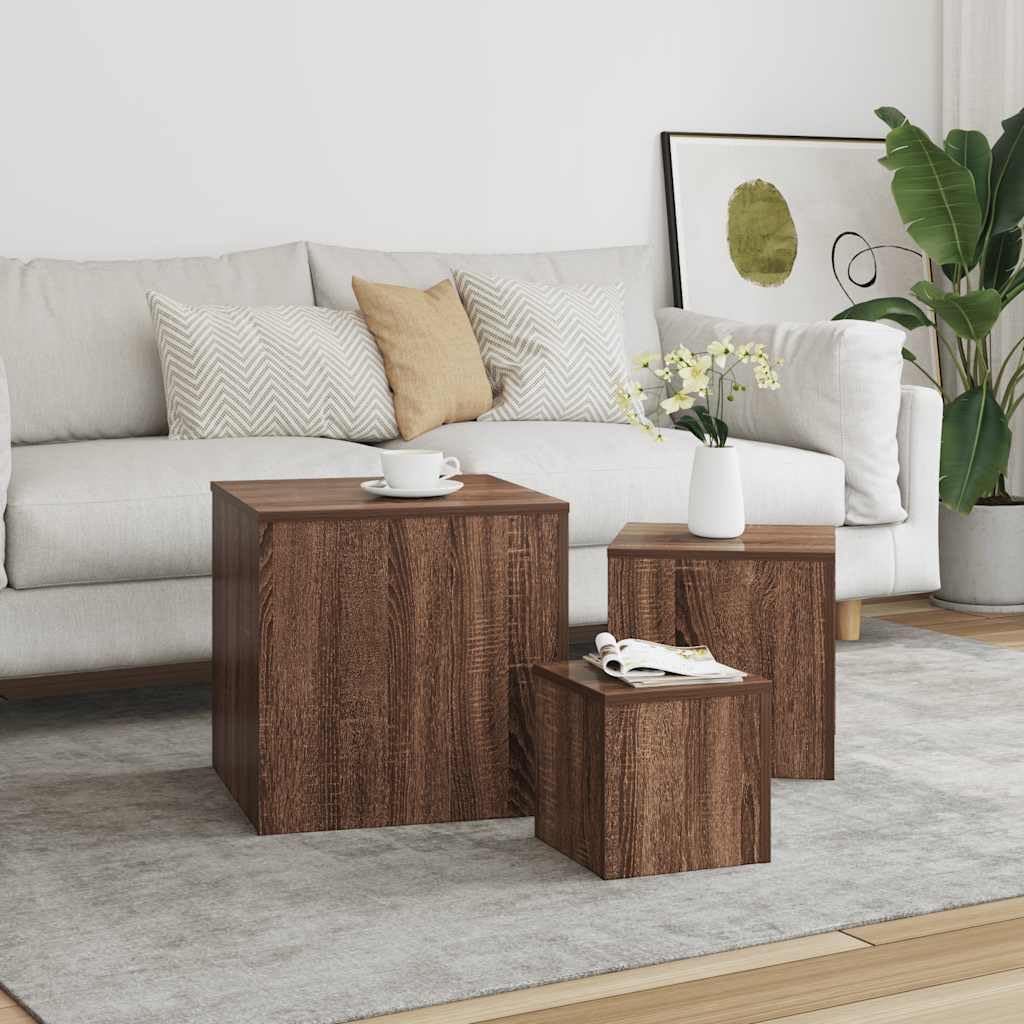 SXZenSpace Nest of Side Tables 3 pcs Set Oak Engineered Wood Brown 45/35/24 cm H Coffee Table & Small Bedside End for Living Room Bedroom Hallway