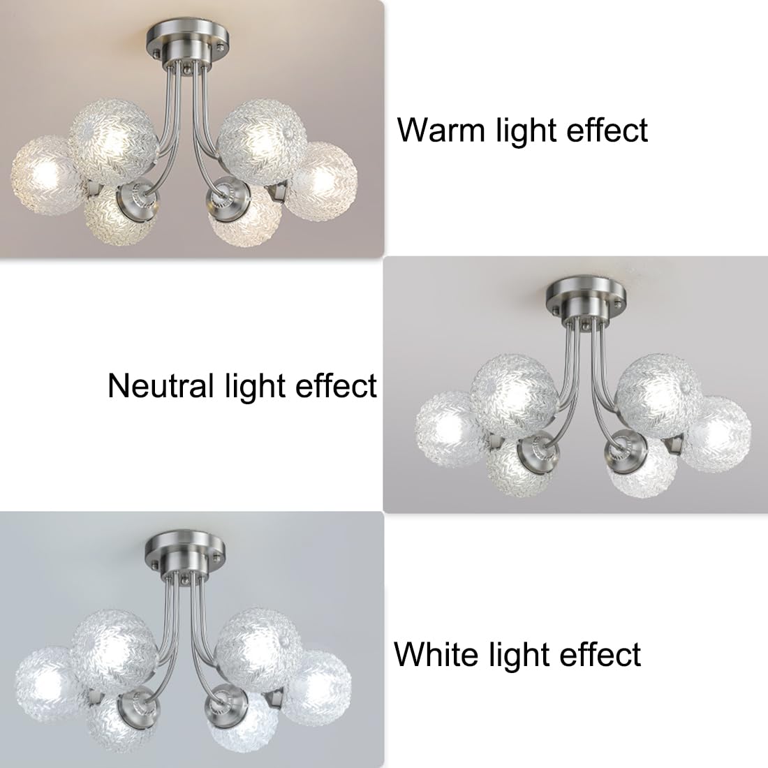 Lampy sufitowe do sypialni 6-Lights Gold Nowoczesne, częściowo podtynkowe lampy sufitowe ze szklanym kloszem w kształcie fali do sypialni, jadalni (chrom