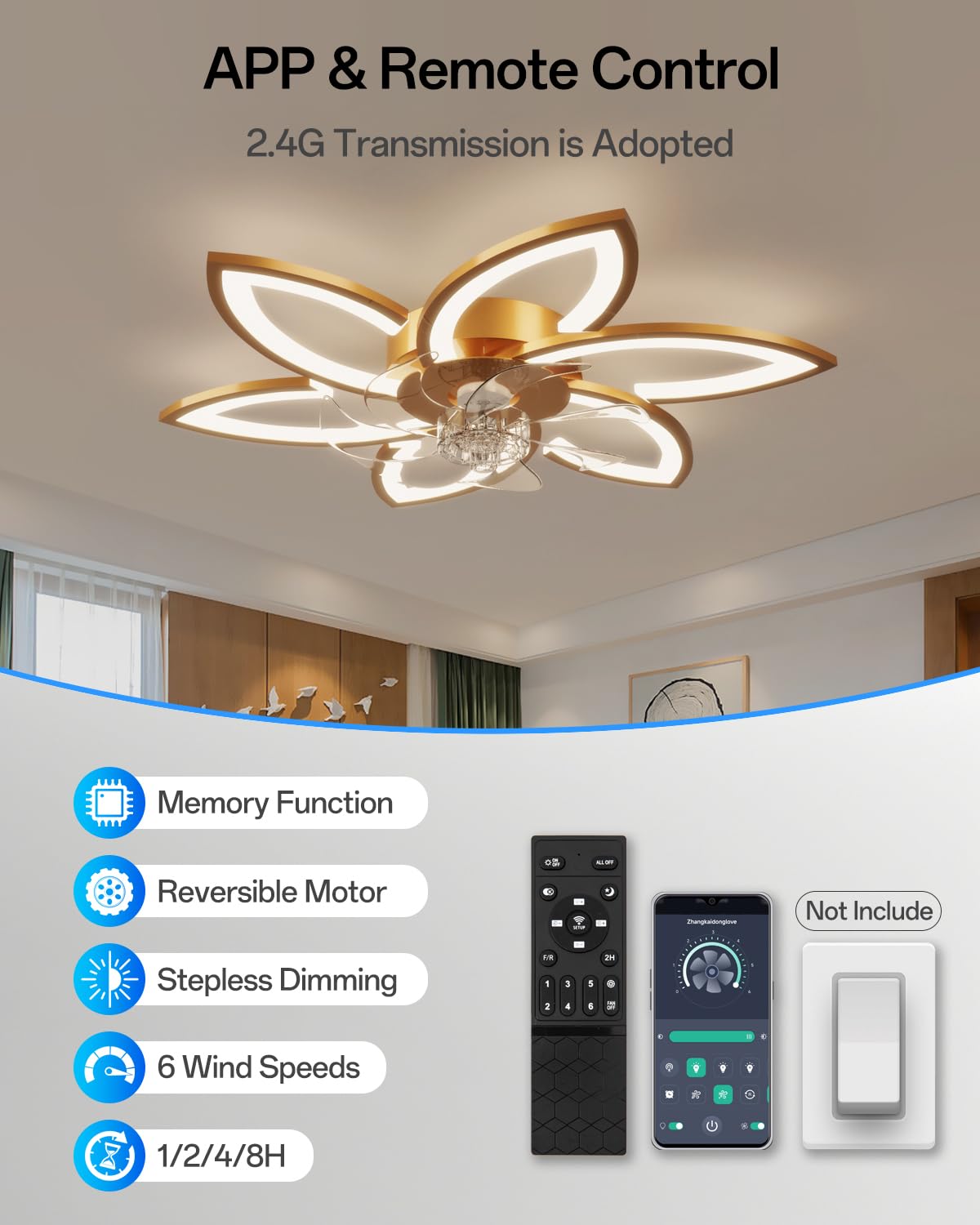 Inteligente Lampara de Techo con Ventilador y Mando a Distancia y Control por Alexa, No Requiere WiFi, Ventilador de Techo con Luz Silencioso, Diseño Floral Moderno, para Dormitorio, Salón, Dorado