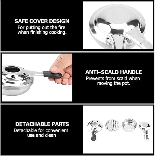 Miniatura 9 de Mini quemador de estufa de alcohol, quemador de fondue de acero inoxidable portátil eficiente con mango antiquemaduras y cubierta de seguridad, olla