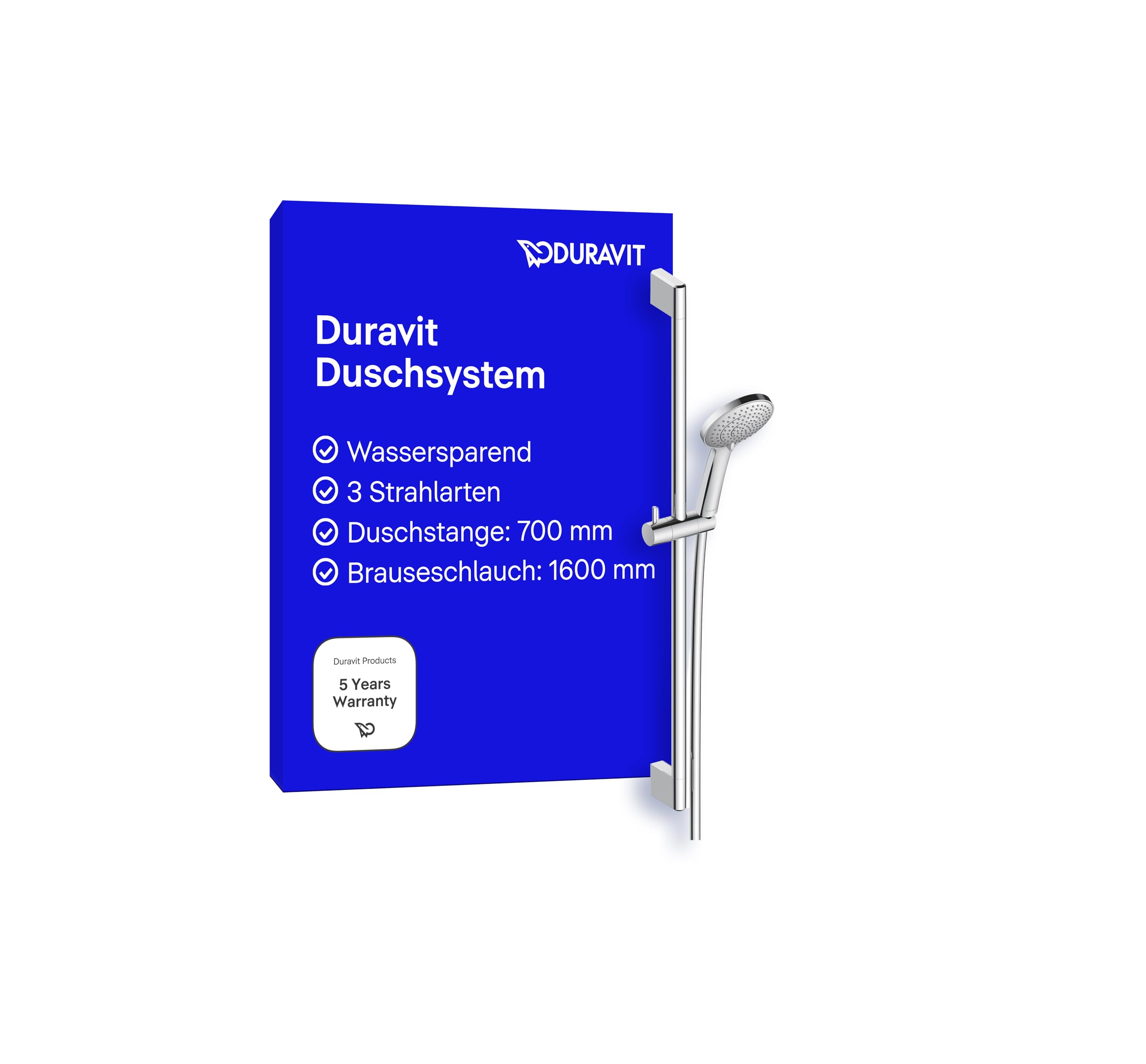 Duravit Universal Duschset, Duschkopf mit 3 Strahlarten (Rain, Intense Rain, Soft Rain), wassersparender Duschkopf mit Schlauch, variable Duschstange (700 mm), Duschschlauch (1600 mm), Chrom