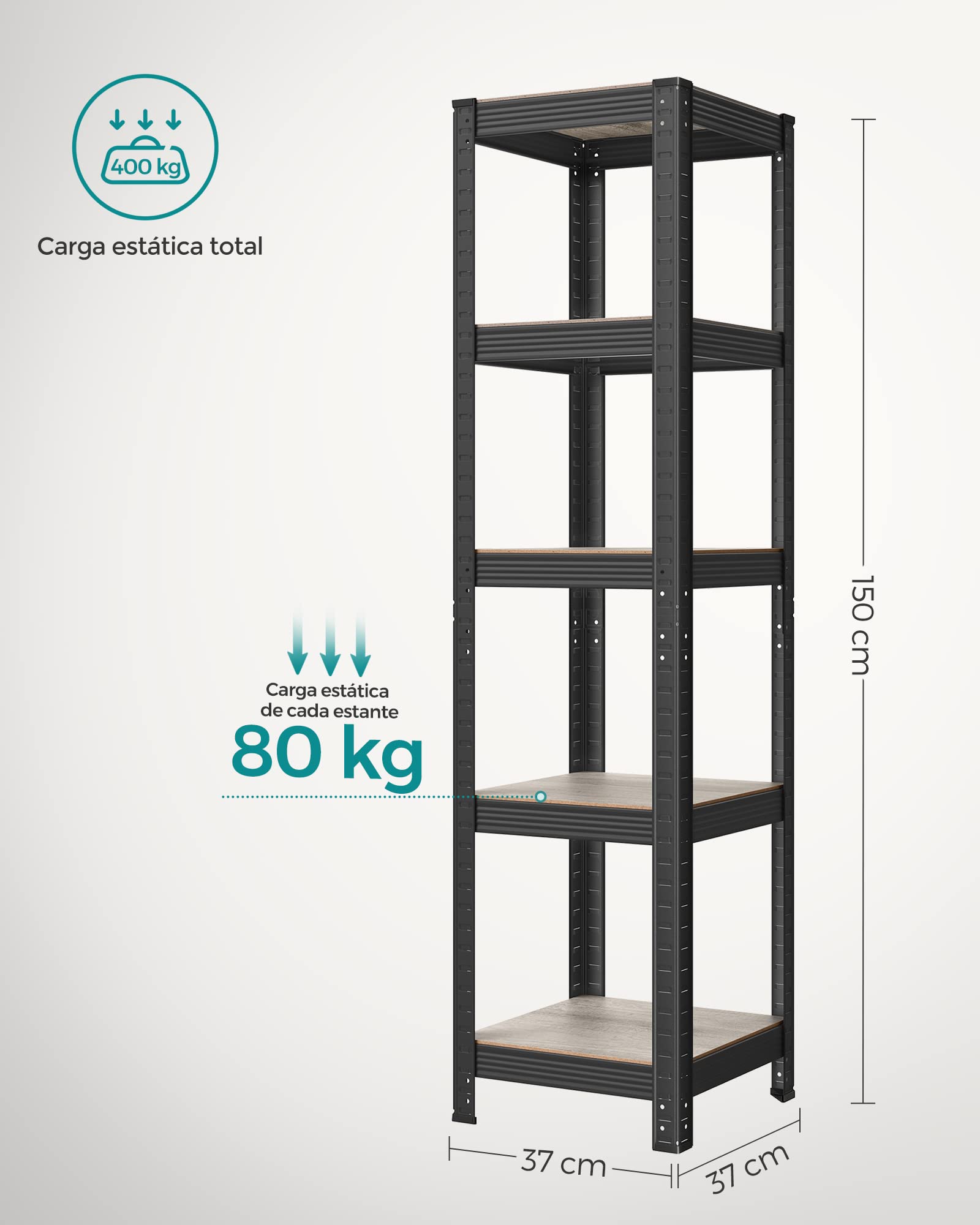 SONGMICS Estantería de 5 Niveles, Carga de 400 kg, Estantes Ajustables