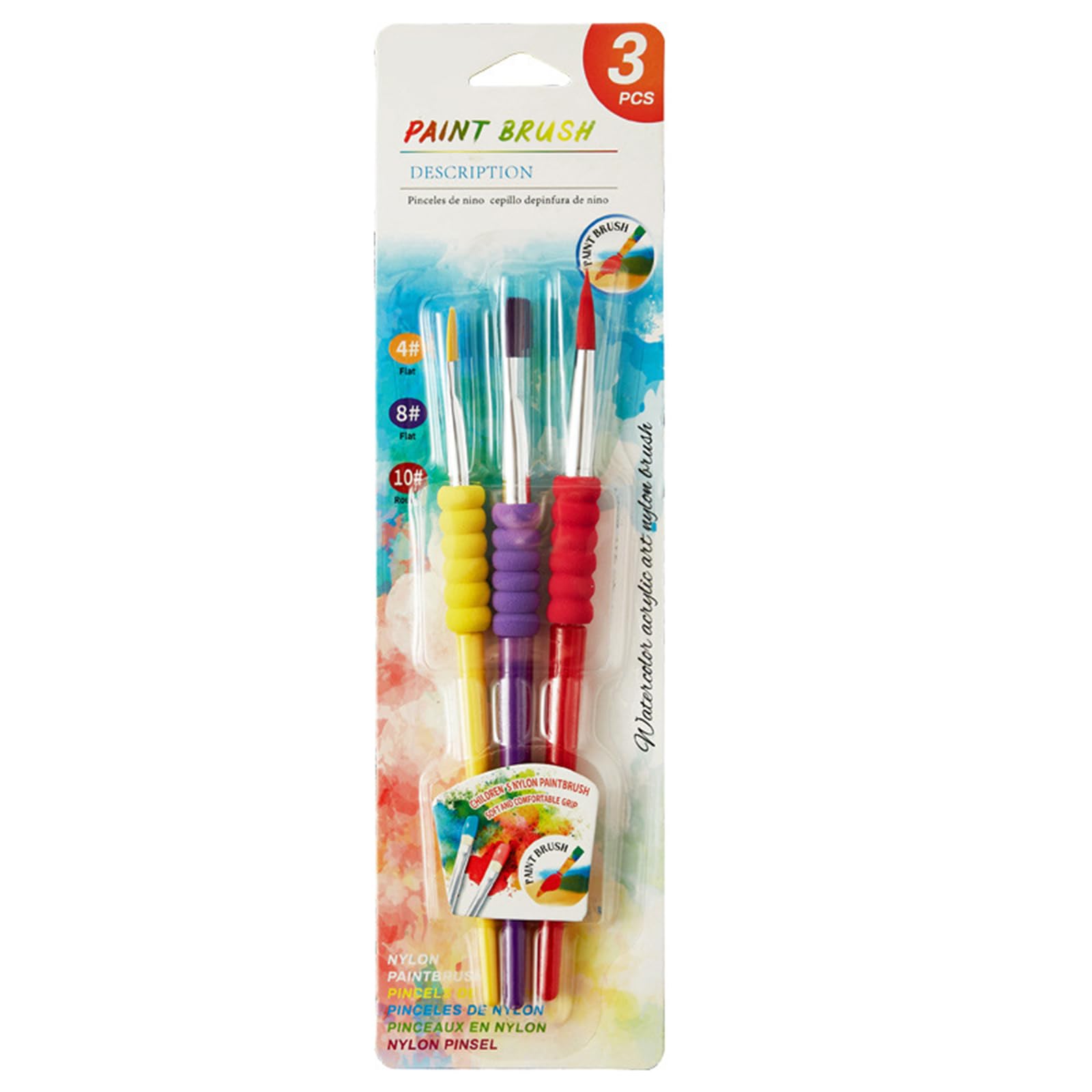 Professional Nylon Bristles Paint Brush with Foam Grip Asorted Size Handle Paintbrush for Kid Students Painting Multipurpose Art Supplies