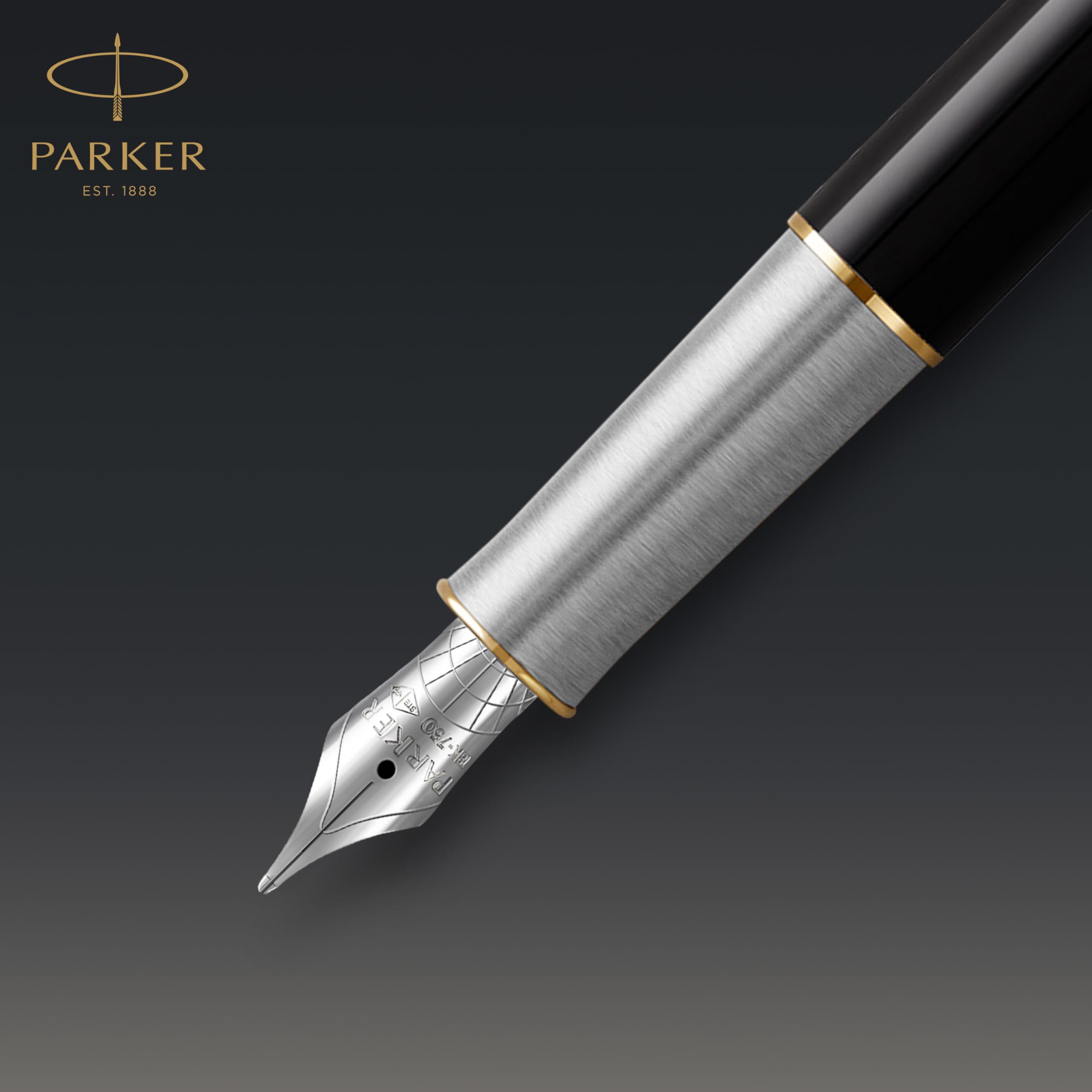 PARKER Sonnet Fountain Pen | Premium Metal and Black Gloss Finish with Gold Trim | Fine 18k Gold Nib with Black Ink Cartridge | Gift Box