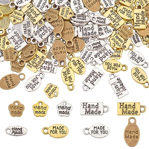 PH PandaHall 180Pcs 9 Style Handmade Charms Tibetan Style Alloy Charms Handmade Tags Pendant Metal Pendant Oval Flower Shaped Pendant for DIY Craft Bracelet Necklace Keychain Earring Jewellery Making