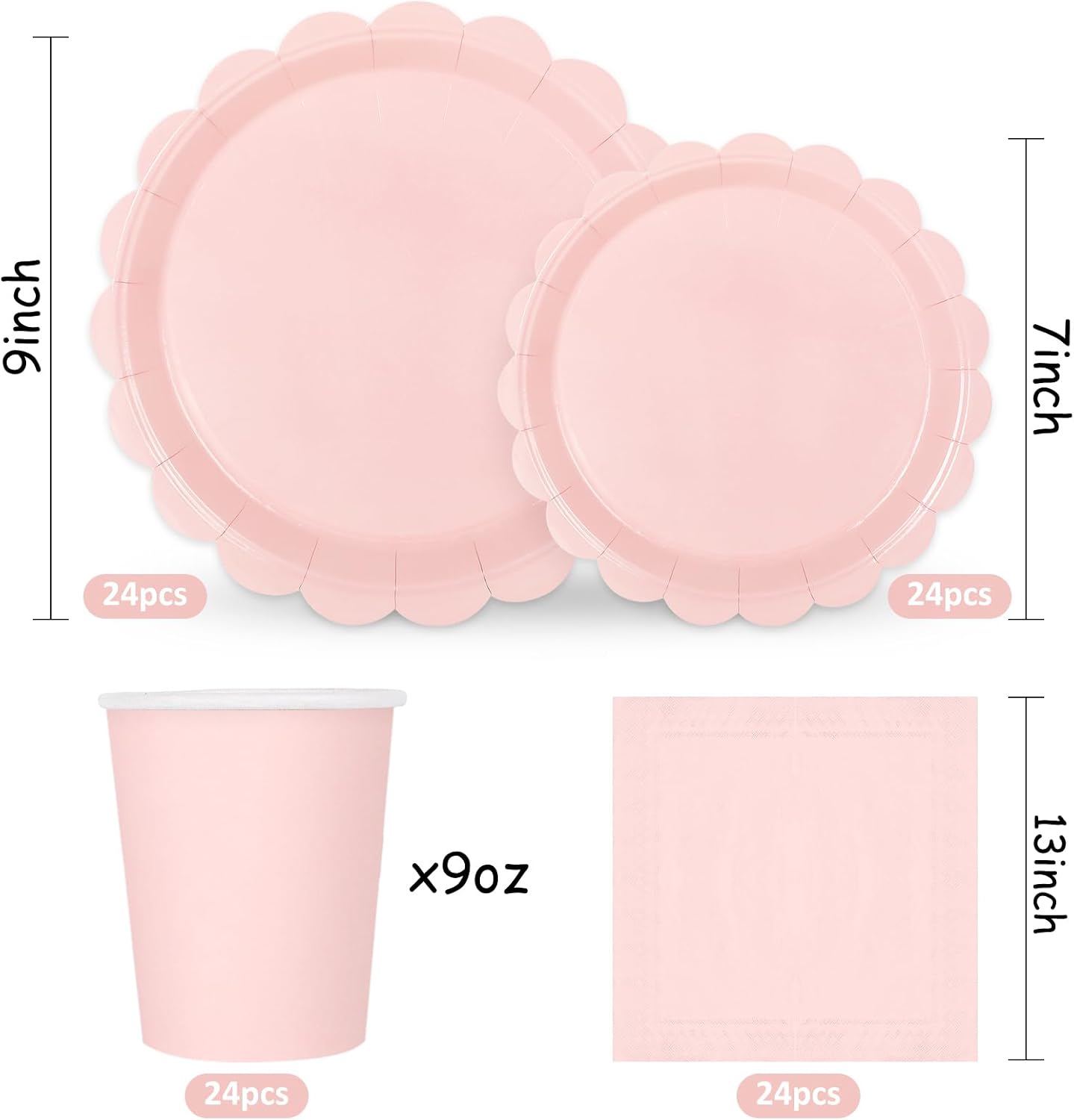 Whaline Light Pink Tableware Set Pastel Scalloped Disposable Dinnerware Paper Plates Napkins Cups for 24 Guests Wedding Birthday Party Supplies Table Decor image 2