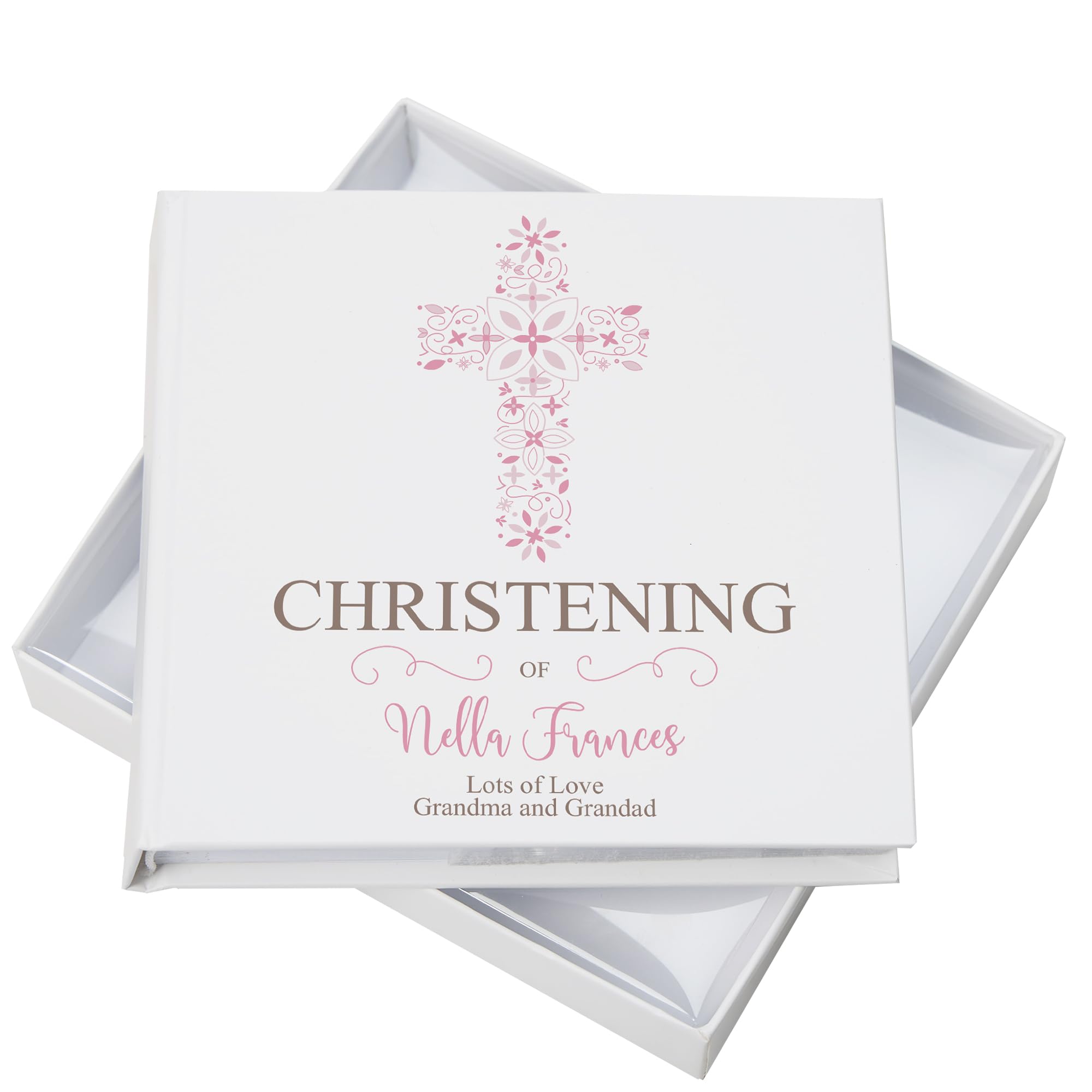 Ukgiftstoreonline White Personalised Christening Pink Ornate Cross Design Photo Album
