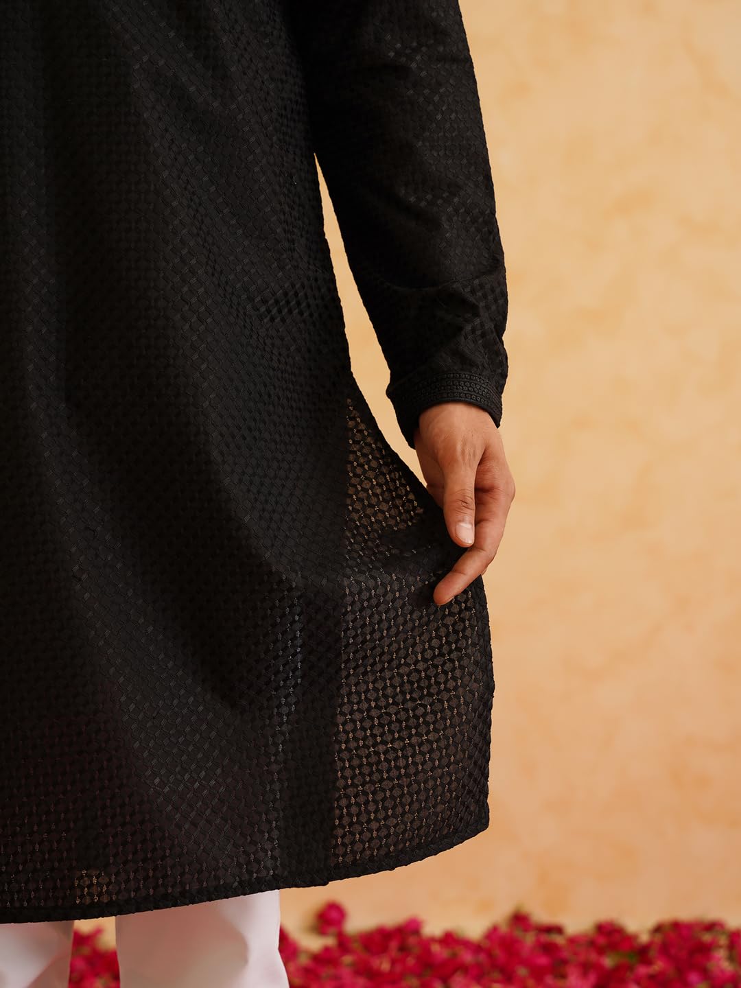 Sojanya (Since 1958 Men's Cotton Checked Thread Work Black Kurta With White Churidar Pyjama