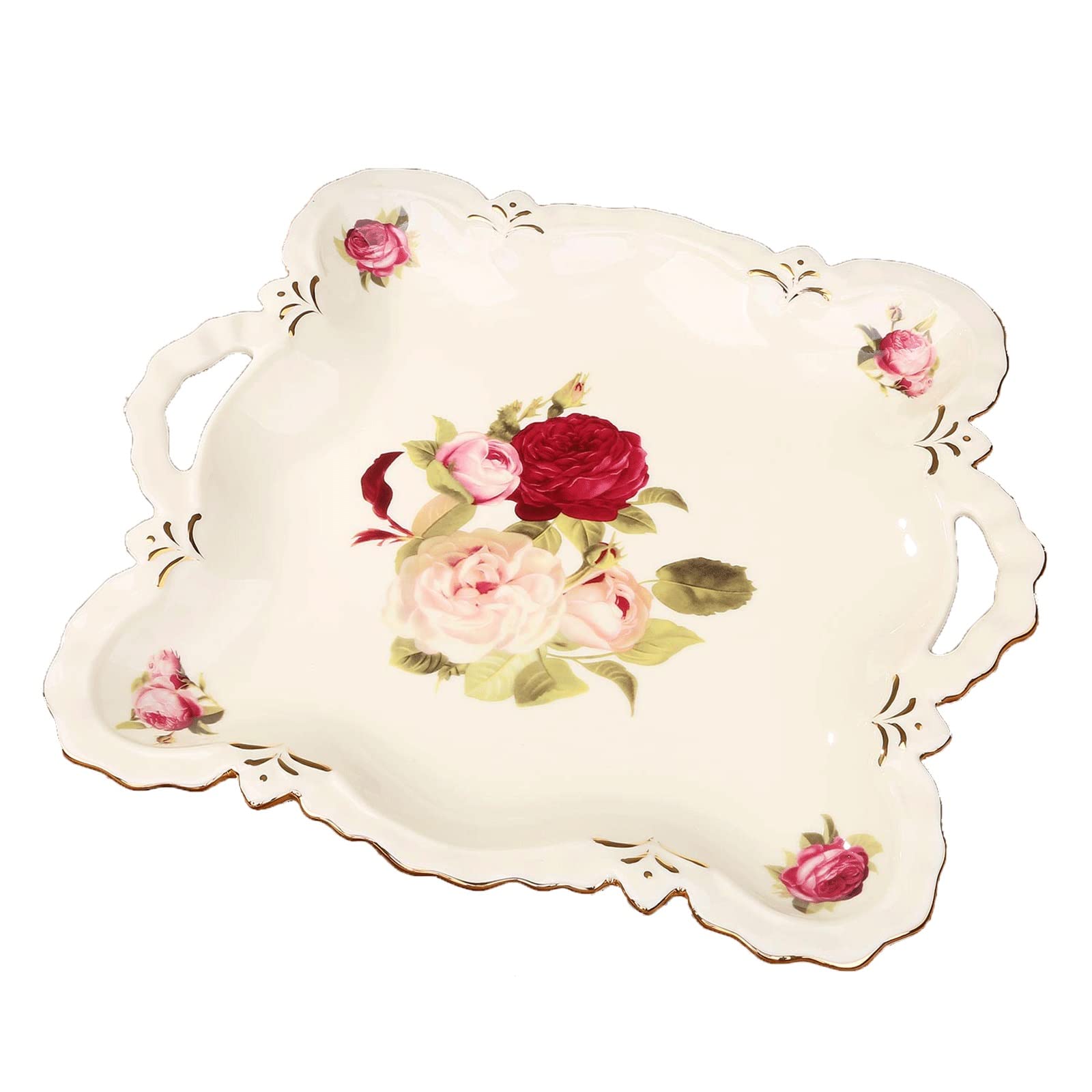 Bandeja Bandeja de cerámica con bandeja de mango Bandeja de servir con adornos de oro Tray decorativa Bandeja de flores Fits Cómoda Baño Cocina Café Mesa de centro Blanco Bandeja Antideslizante