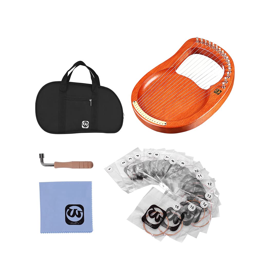 Arpa de lira, 16 cuerdas, cuerda de madera de caoba, instrumento de cuerda de madera maciza con bolsa de transporte, llave de afinación, paño de limpieza, cuerdas WH16