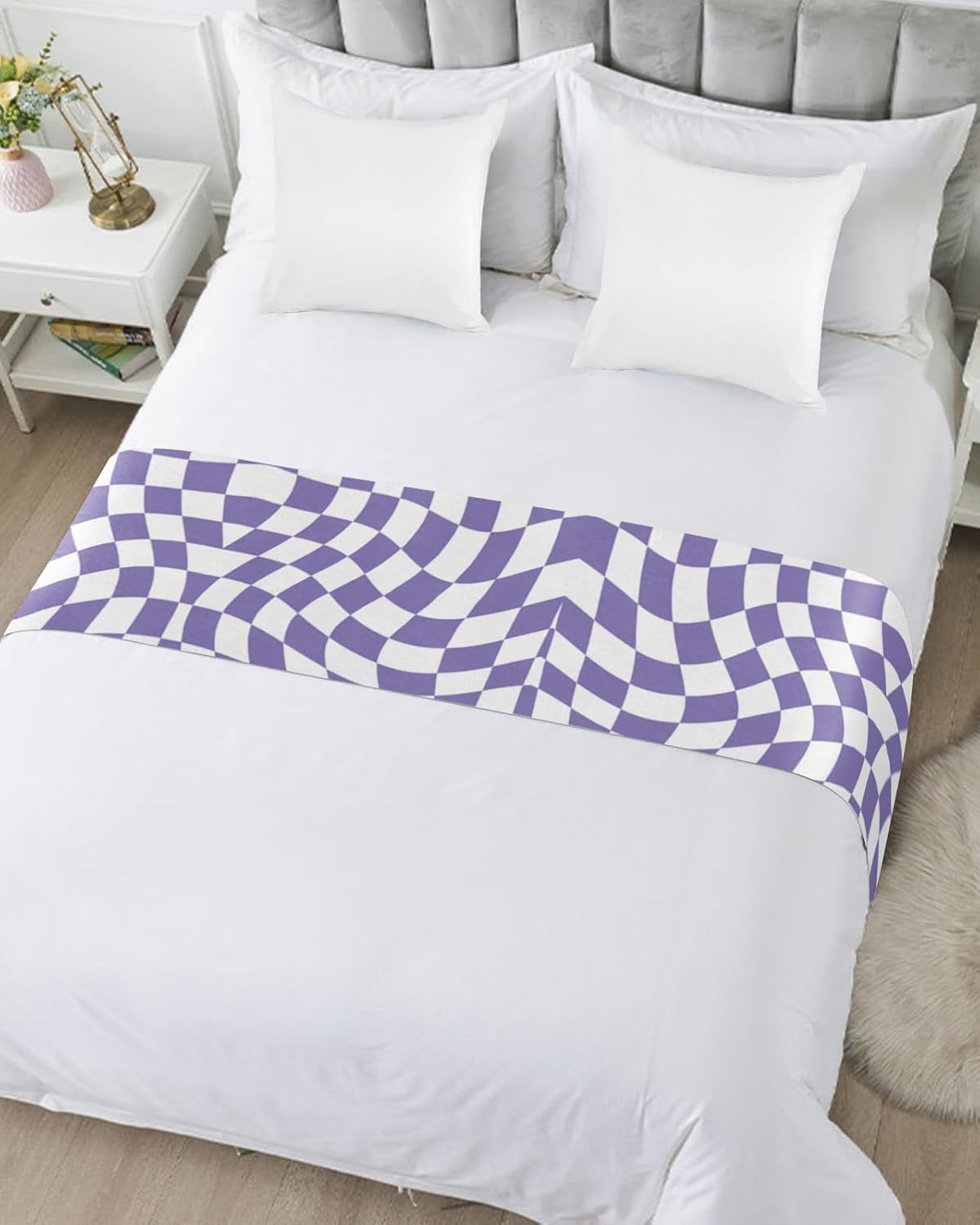 Smile Sunflower Bed Runner Scarf Purple White Block Lattice Plaid Bedding Scarf Decorative Bed Runners Cover for Home Bedroom Hotel Wedding Room Bed Scarf for Foot of Bed Queen 83x20in