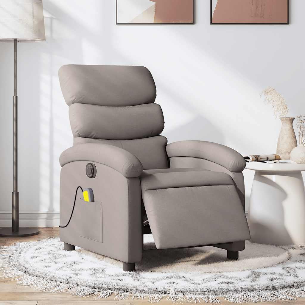 Massagesessel elektrisch mit 6-Punkt-Vibrationsmassage Taupe Stoff, verstellbare Rückenlehne und Fußstütze, bequemer Polsterstuhl mit Holz Metall Gestell, ideal für Wohnzimmer, Büro
