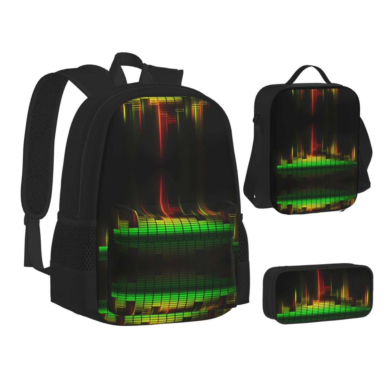 Cooles Musik-Sound, bedrucktes Rucksack-Set, 600D Oxford-Gewebe, Laptop-Rucksack mit isolierter Lunchtasche, Federmäppchen, verstellbare multifunktionale Schul-Reisetasche, 3-teilig