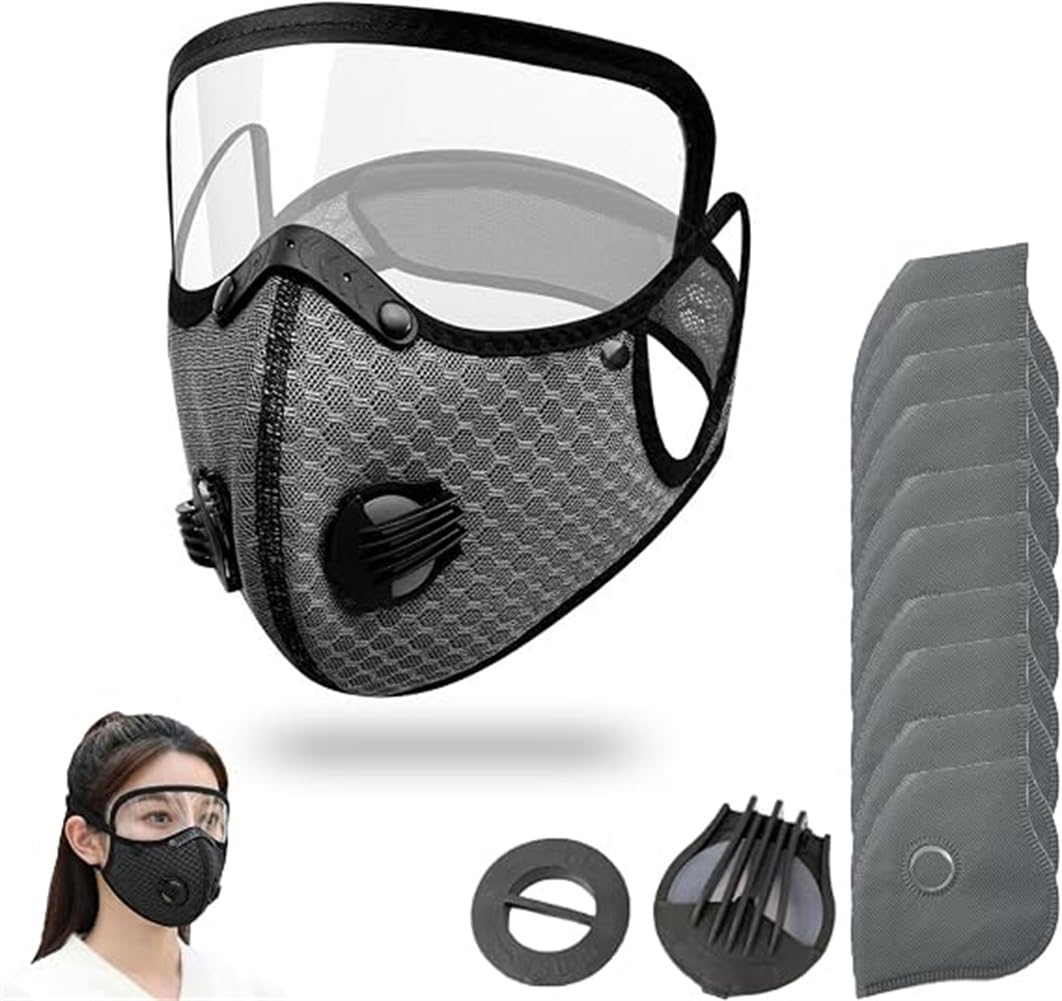 Reusable Carbon Filter Dust Mask with Adjustable Goggles,Activated Carbon Face Mask,Anti-UV-5-Layer Filte with 10 Filters and 2 Valves with Adjustable Goggles for Woodworking Mowing Dust (Gray)