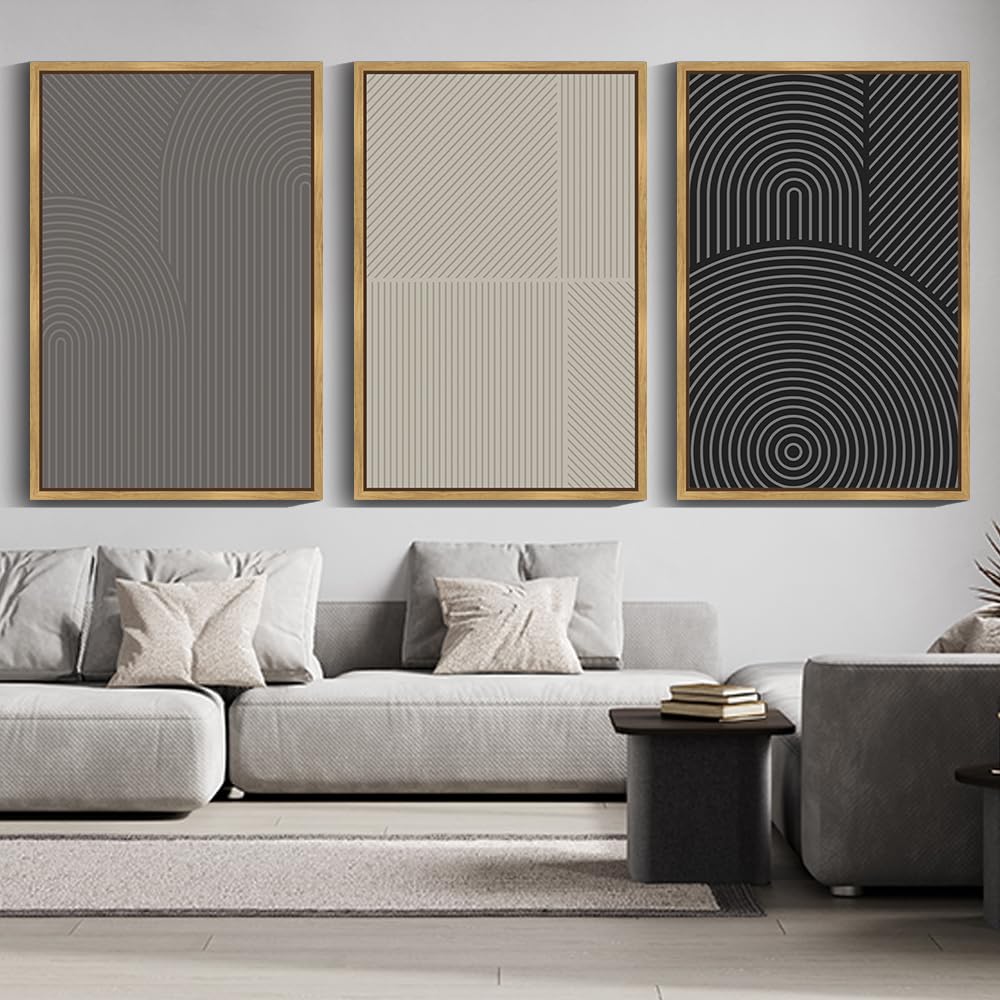 Drsoum Mid-Century Modern Framed Wall Art Large 24x36in Minimalist Abstract Boho Neutral Line Wall Decor Geometric Artwork Kitchen Dining Room Black Framed