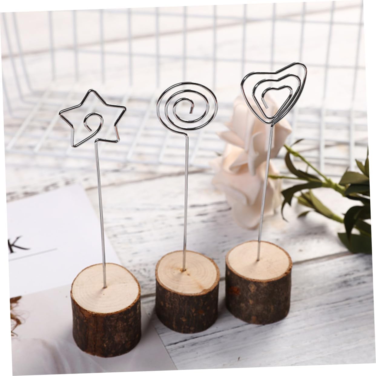 KICHOUSE 60pcs Round Wood Base Photo Holder Clips for Weddings Events Home Rustic Menu Stands Table Holders and Memo Clips for Parties and Celebrations Random Style