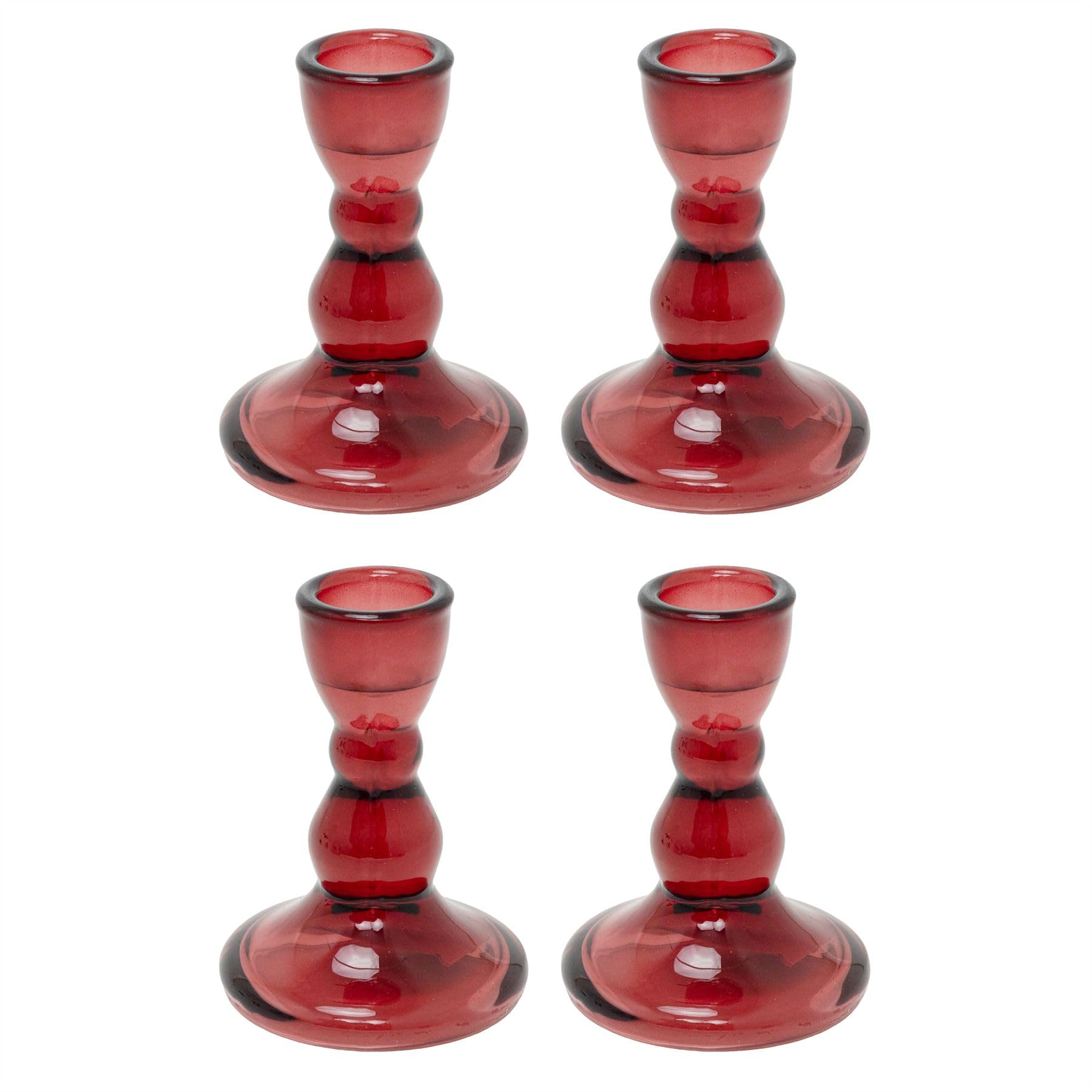 Set of 4 Red Glass Candlestick Holders, 9cm Tapered Dinner Candle Holders, Decorative Short Glass Candle Stands