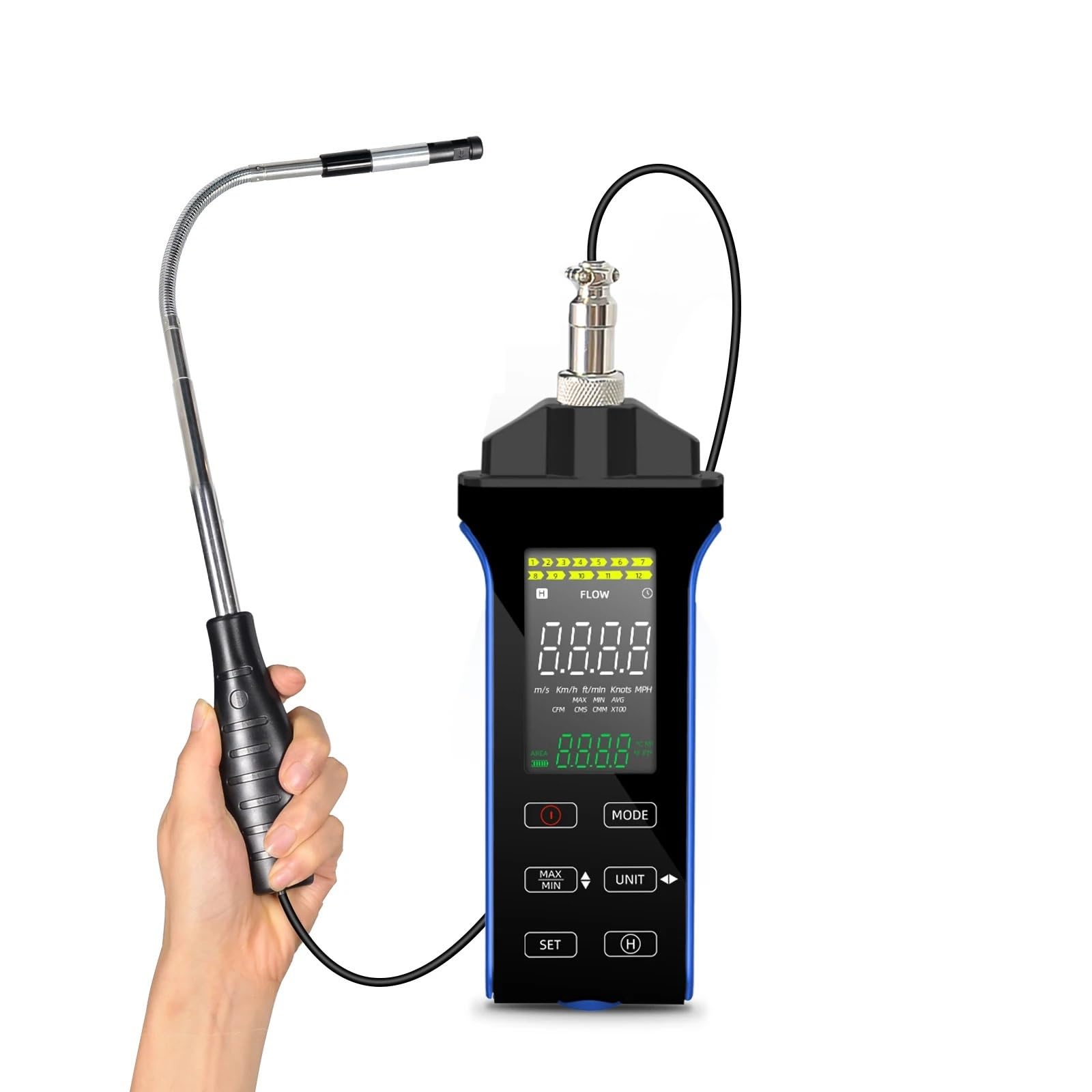 Anemómetro digital de alta precisión, medidor velocidad, temperatura y del viento con sensor retráctil, rango 0,1 a 30 m/s