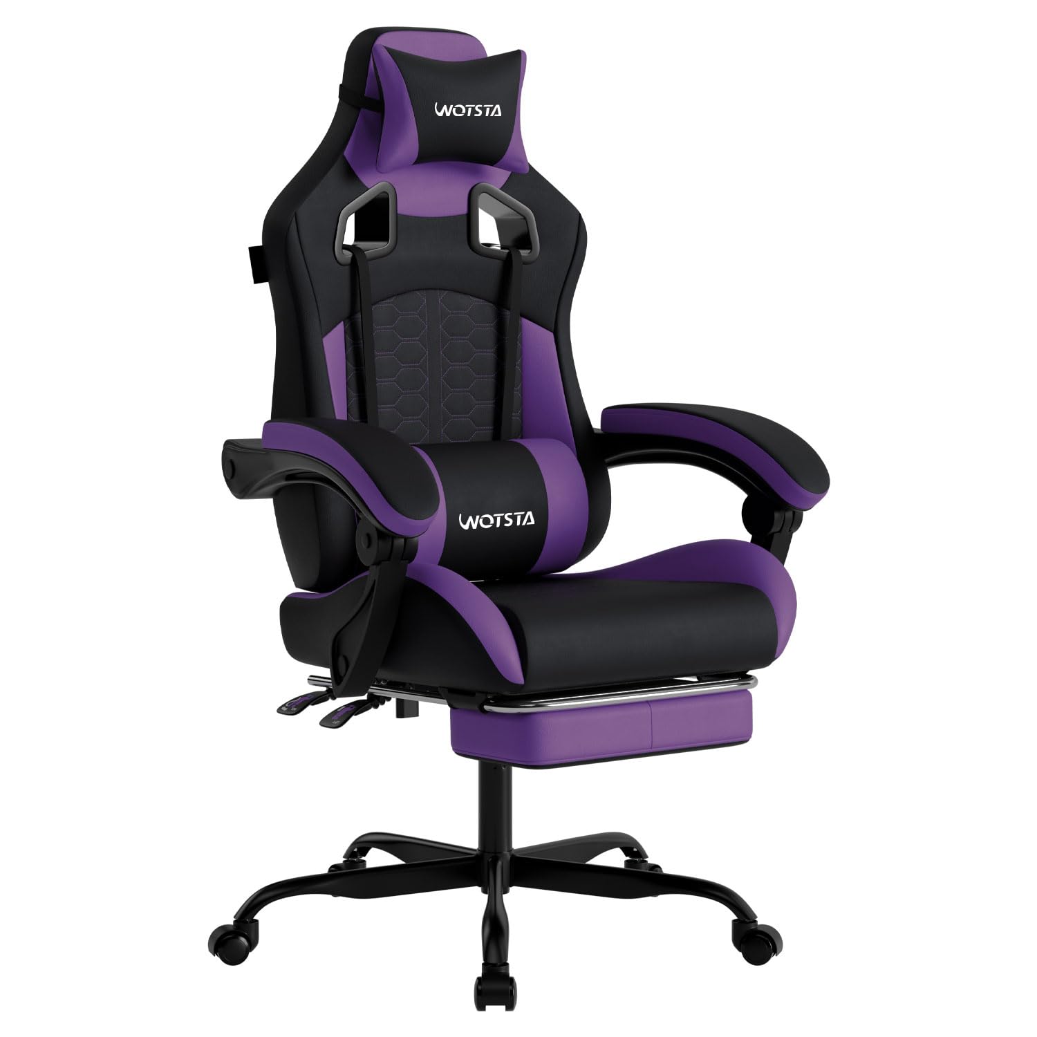 WOTSTA Gaming Chair with Massage,Ergonomic PC Gaming Chair with Footrest Comfortable Headrest and Lumbar Support,High Back Game Chair PVC Leather,300LBS (BlackPurple)