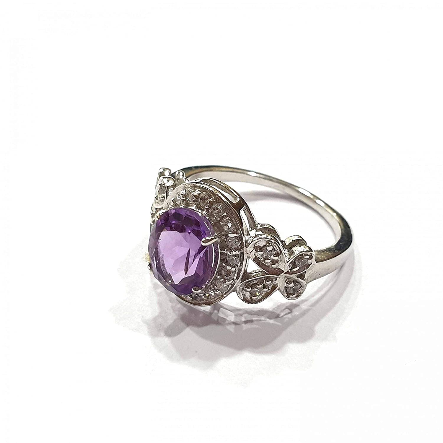 3 CT Oval Cut Amethyst Purple Simulated Diamond Butterfly Crown Style Engagement Ring for Women in Sterling Silver White Gold Finish