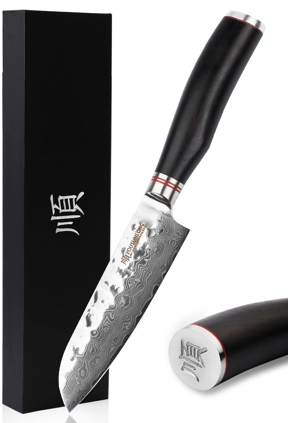 YOUSUNLONG Damascus Santoku Knife 5 Inch Japanese VG10 Professional Damascus Utility Knife - Ebony handle