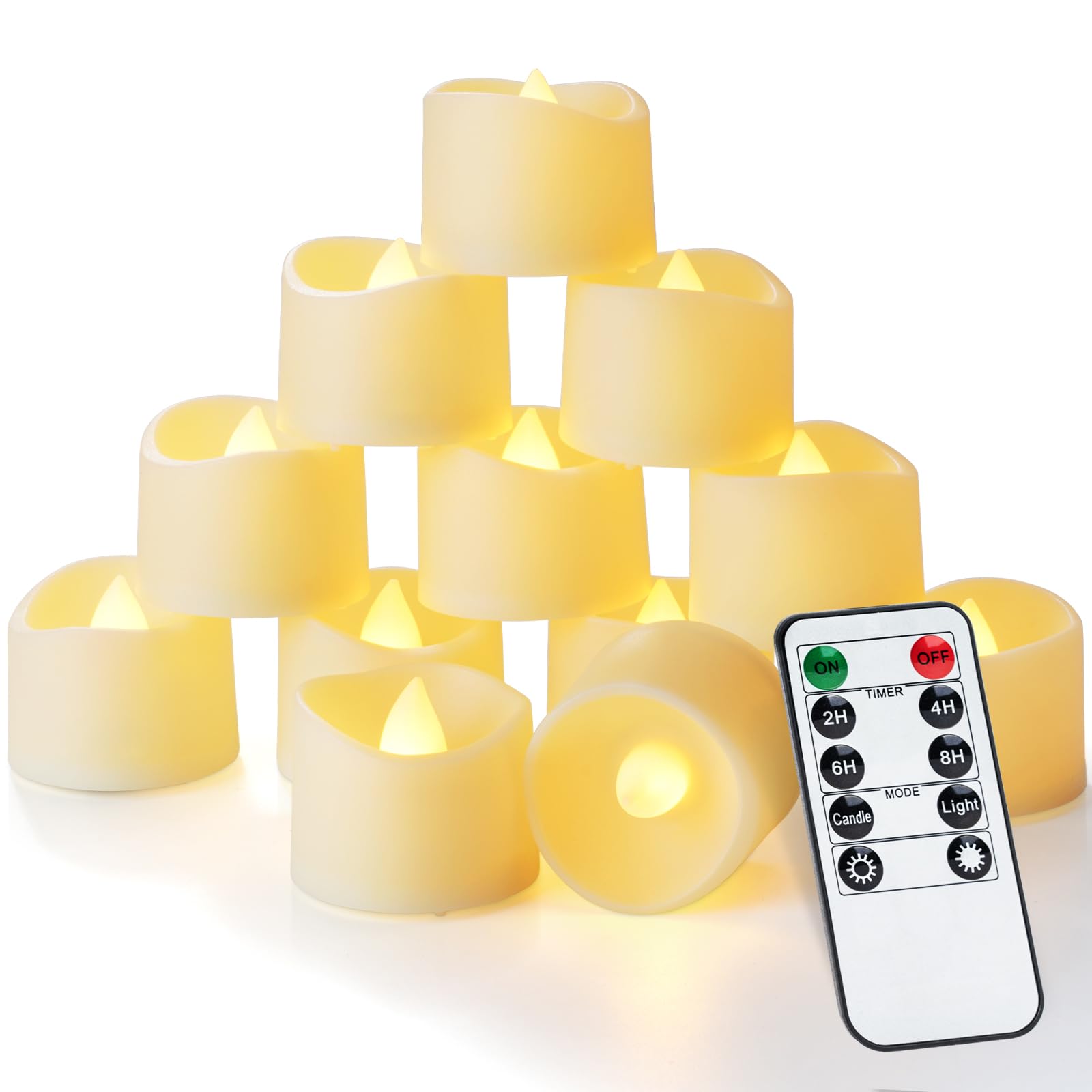 Homemory 12 Pack Remote 2/4/6/8H Timer Candles, 400+Hours Bright Flickering Flameless Candle Battery Operated LED Tea Lights Votive,for Party Halloween Decor