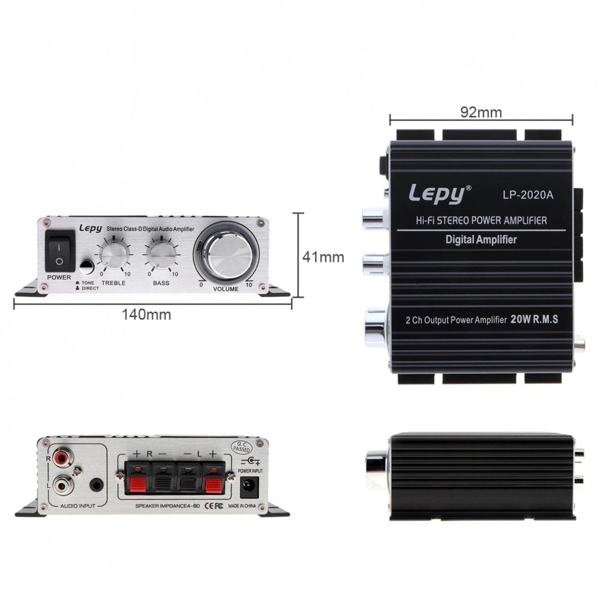 LP-2020A Amplificateur numérique Hi-Fi stéréo classe D avec alimentation 3 A pour amplificateur de moteur de voiture Noir
