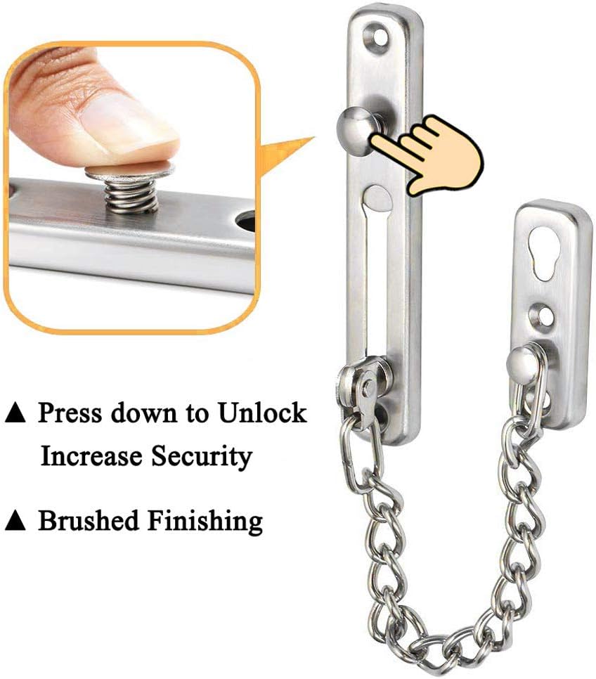 HLOMVE Sliding Chain Door Guard Lock with Security Spring Anti-Theft Press Button, Heavy Duty Childproof Front Door Chain Latch Lock, Stainless Steel Brushed Nickel