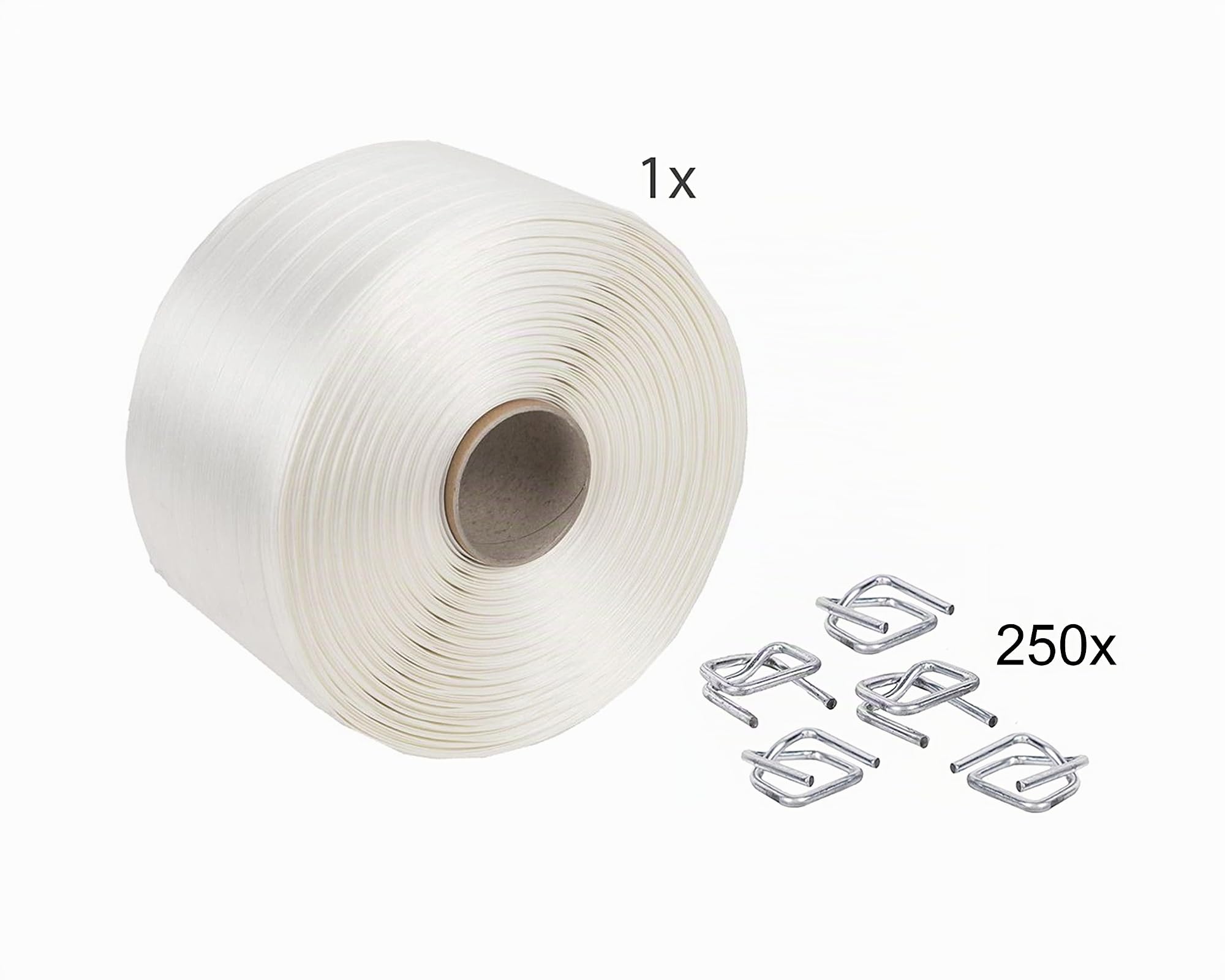 Kit de cerclage complet de 19 mm avec rouleau, tendeur, 250 agrafes et ruban polyester de 600 m