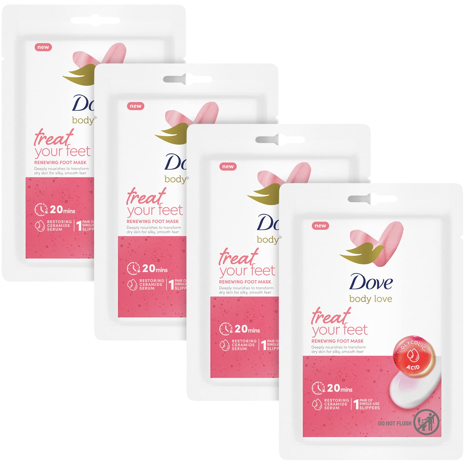 DoveRenewing Foot Mask with Glycolic Acid - Dove Body Love Dry Foot Moisturizer for Soft, Silky Skin, Masks for Dry Cracked Feet (Pack of 4)