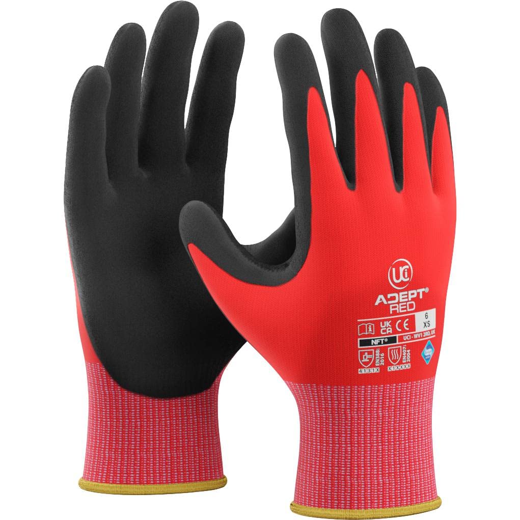 Uci Red 10 X Adept Nylon & Lycra Blend Liner Nitrile Nft Foam Coating Gloves (10/Xl)
