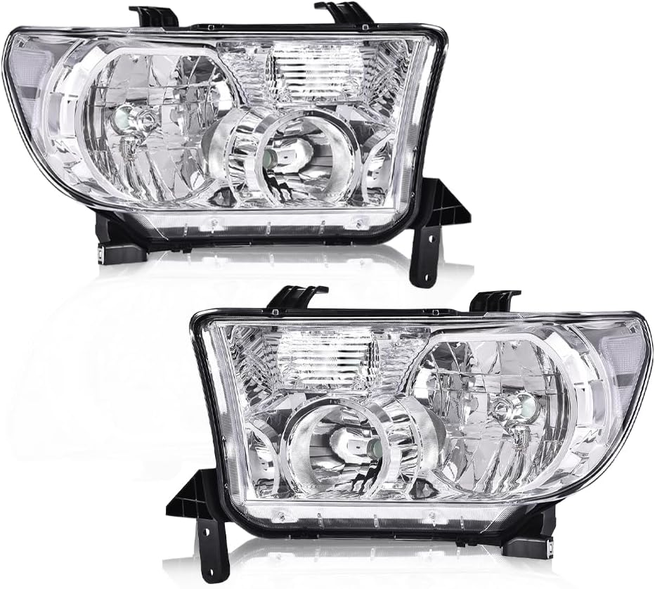 PIT66 Headlights Assembly Front Headlamp Pair Compatible with Tundra (W/o Headlight Leveling Models) 2007-2013 Fit Sequoia (12-14 Sequoia Without Headlight Washer Only) 2008-2017 Clear Lens