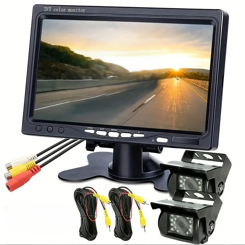 Kit Monitor LCD 7 Pollici TFT + 2 Telecamere IP68 (Frontale e Posteriore, Bianche o Nere) – Display a Colori con Ingresso AV Universale, Sistema Retrocamera Auto, Camper e Camion (Nera)