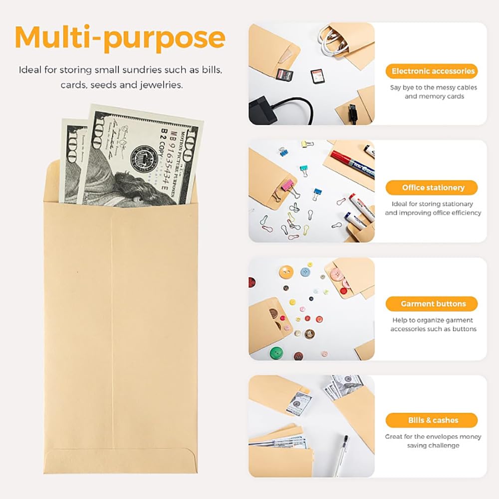 Saatgut Lot de 200 enveloppes plates en papier kraft - Enveloppes pour pièces de monnaie - Petits mini sacs en papier - Autocollants pour salaires, perles, timbres - 8,89 x 16,51 cm (noir2#)