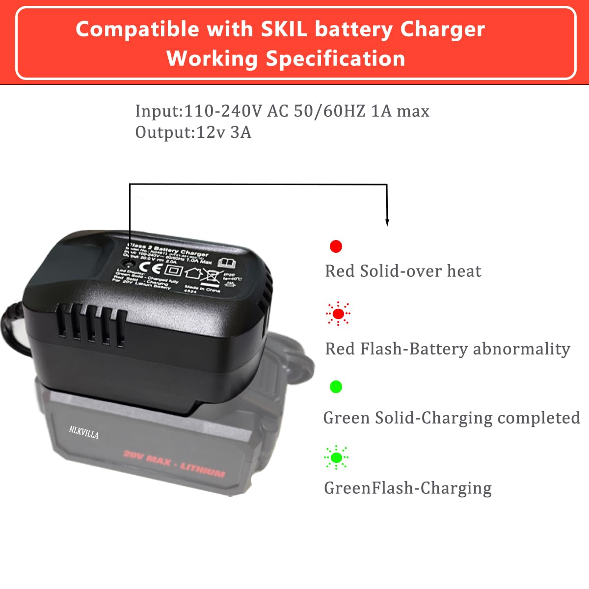 for SKIL 12V Fast Lithium Ion Battery Charger LED Indicator Light Can be Used for 12V Battery QC535701
