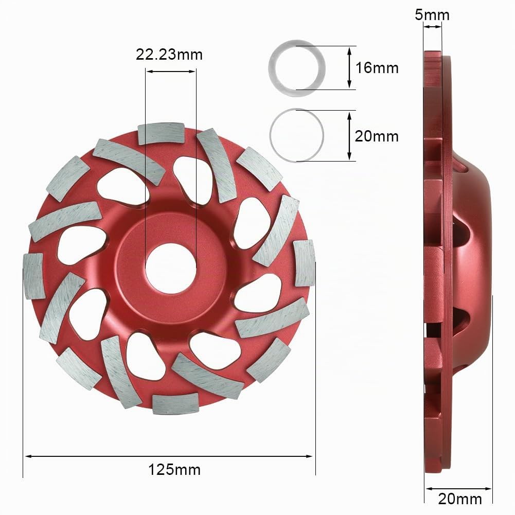 Mola a Tazza Diamantata Disco Diamantato 125 x 22,23 mm, Disco Abrasivo Diamantato per levigare Cemento Mattoni Muratura Granito Pietra Intonaco Gesso Qualità Industriale (Rosso)