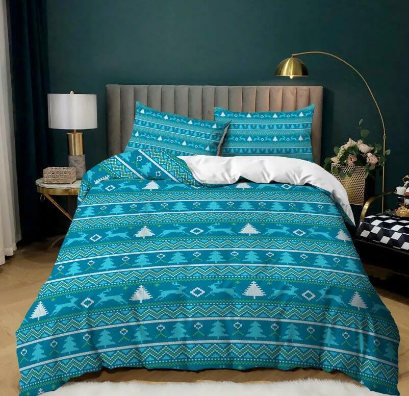 Housse de couette 220x240 wapiti bleu avec 2 taies d'oreiller en microfibre 110g
