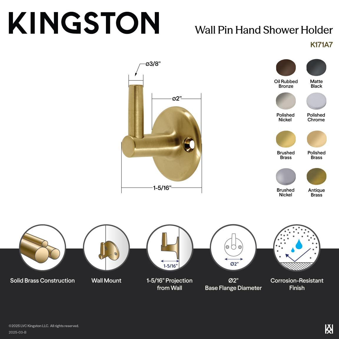 Kingston Brass K171A6 Soporte de Pared para alcachofa de Ducha de, Níquel Pulido