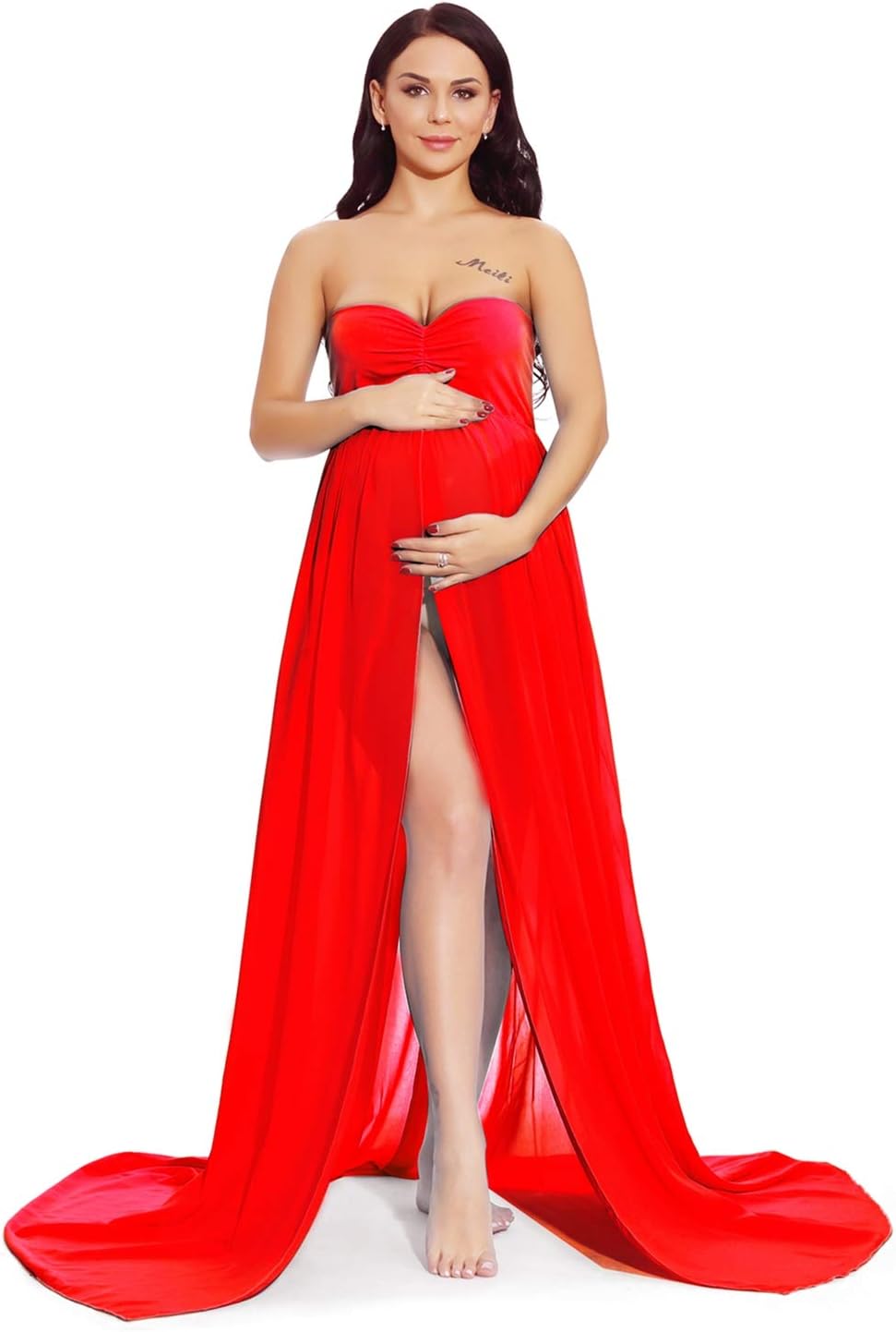 ZIUMUDY Maternity Chiffon Strapless Maxi Photography Dress Split Front Gown for Photoshoot