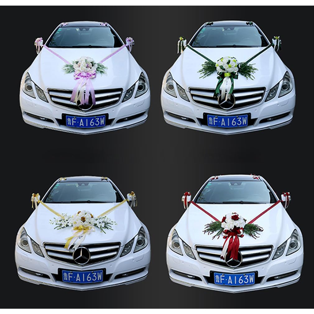 Autoschmuck Hochzeit Set Blume Hochzeitsdeko Autoschleifen Auto Blumenschmuck Hochzeitsschmuck mit Saugnäpfen Autodekoration Auto Schmuck Dekoration für Hochzeit Zeremonie Set 3#
