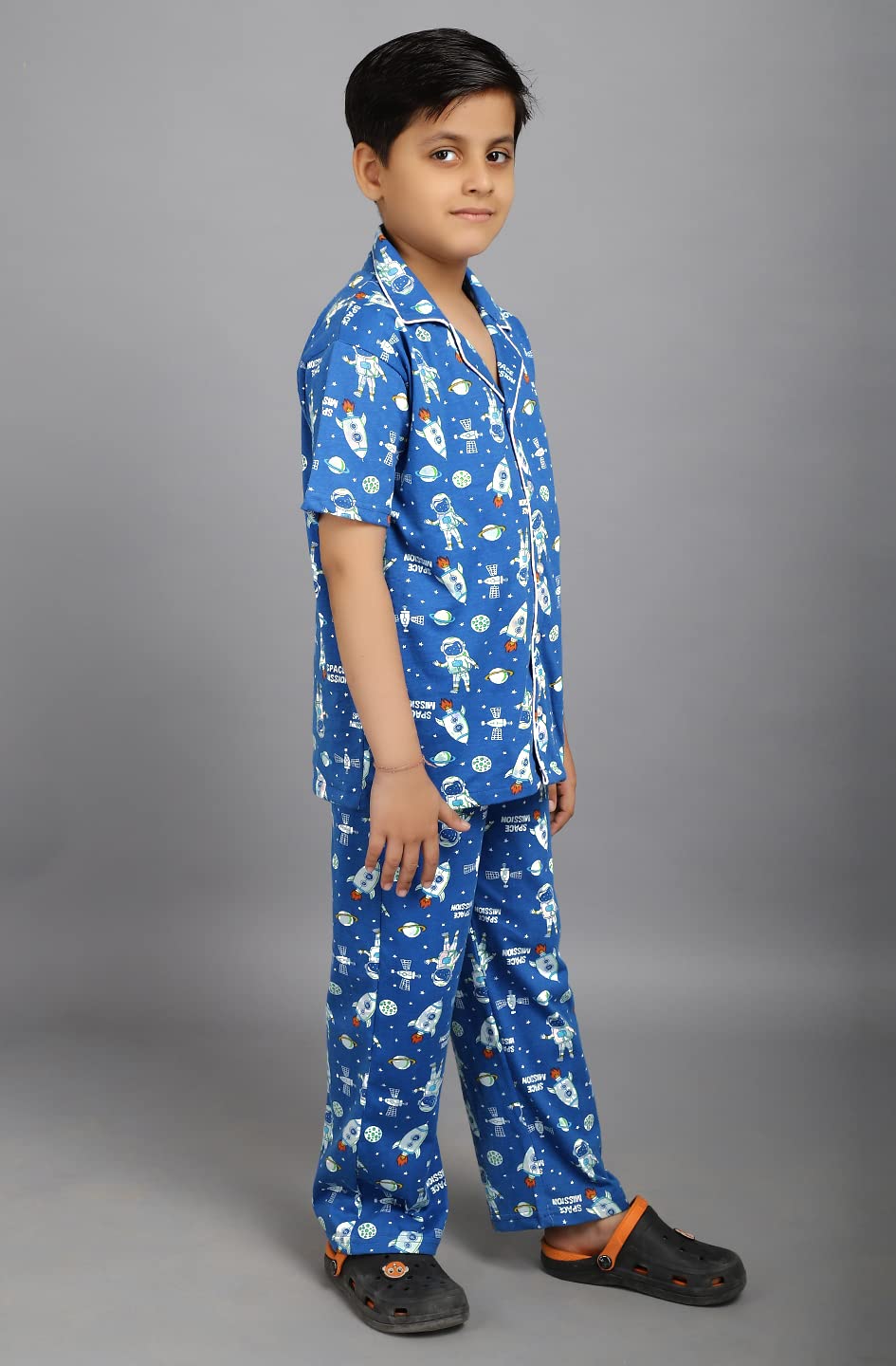 Ninos Dreams Space Mission Printed Collared Half Sleeves Boys Night Suit/Boys Night Dress Blue - Image 3 thumbnail