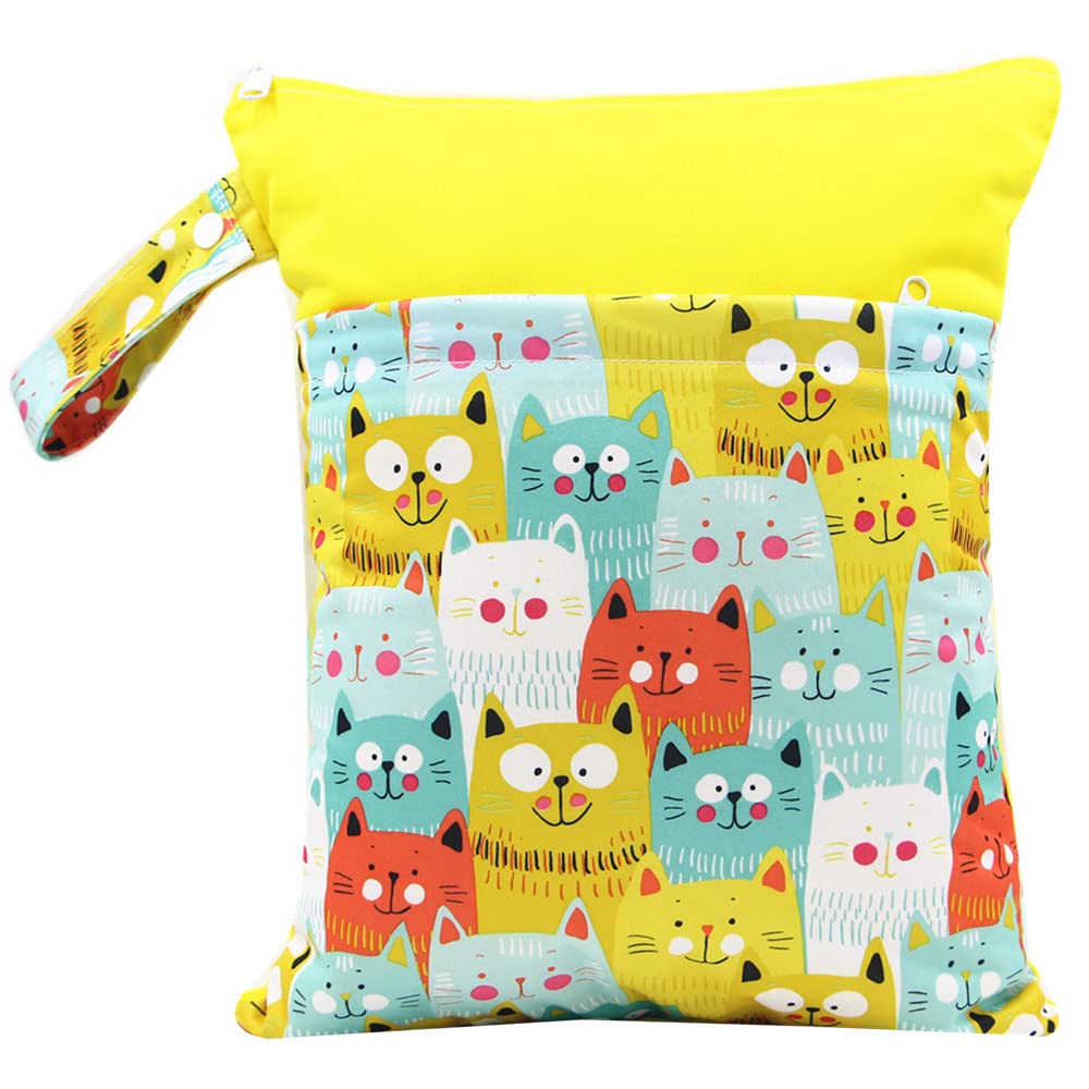 Treer Dry Wet Bag Baby Nappy Organizer Bag Large Double Zipper Reusable Waterproof Cute Animals Print Baby Carriage Hanging Bag, for Soiled Baby Items or Wet Clothes Storage (Yellow Cat)